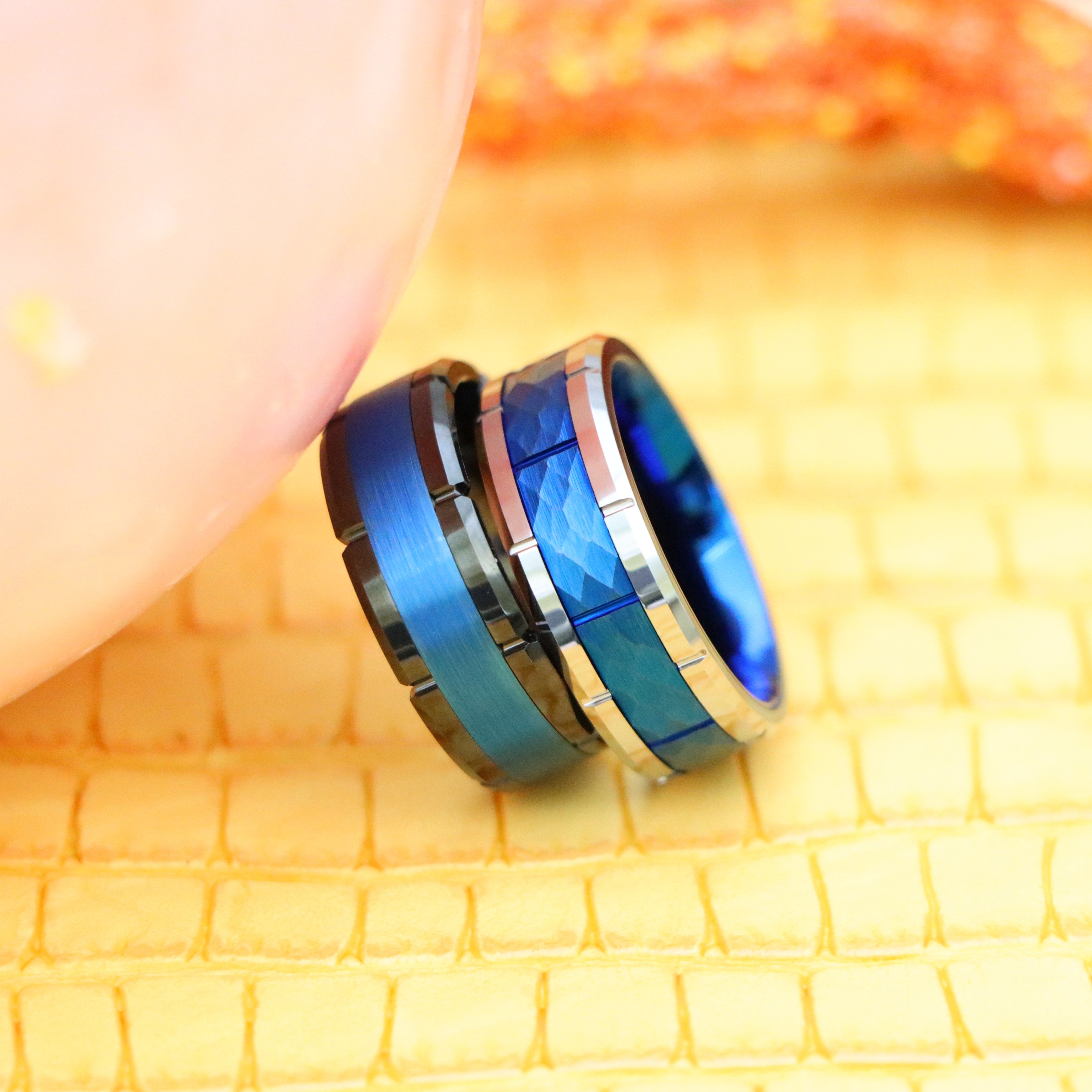 8mm Brushed Center & Shiny Edges Black & Blue IP Plated/High Polished Beveled Edge with Notches & Black IP Plated Hammered Tungsten Ring - Labhu USA
