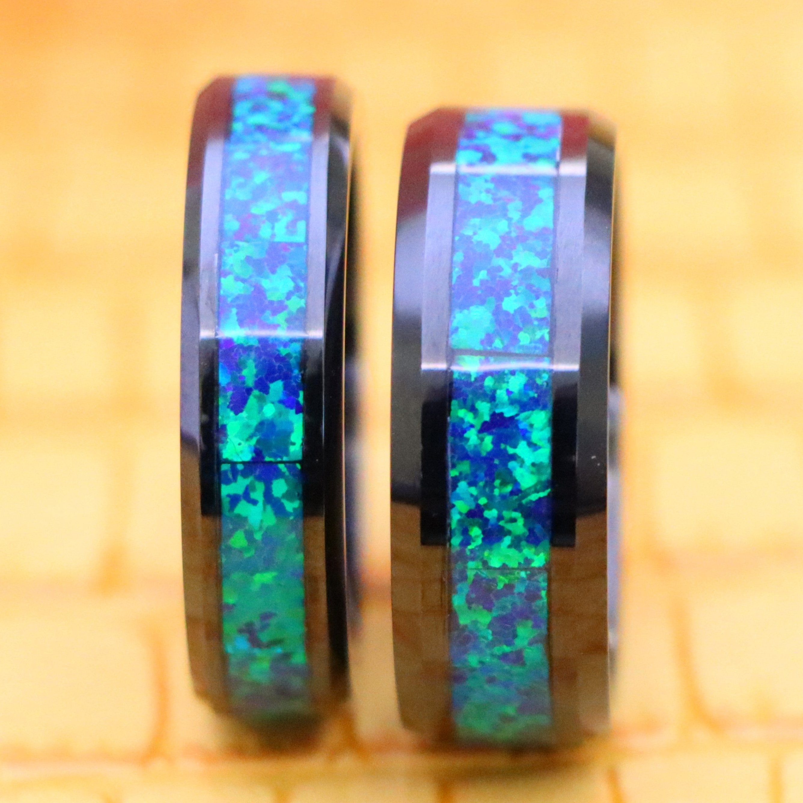 Black IP Plated with Synthetic Emerald-Green Opal Inlay Tungsten Ring - Labhu USA
