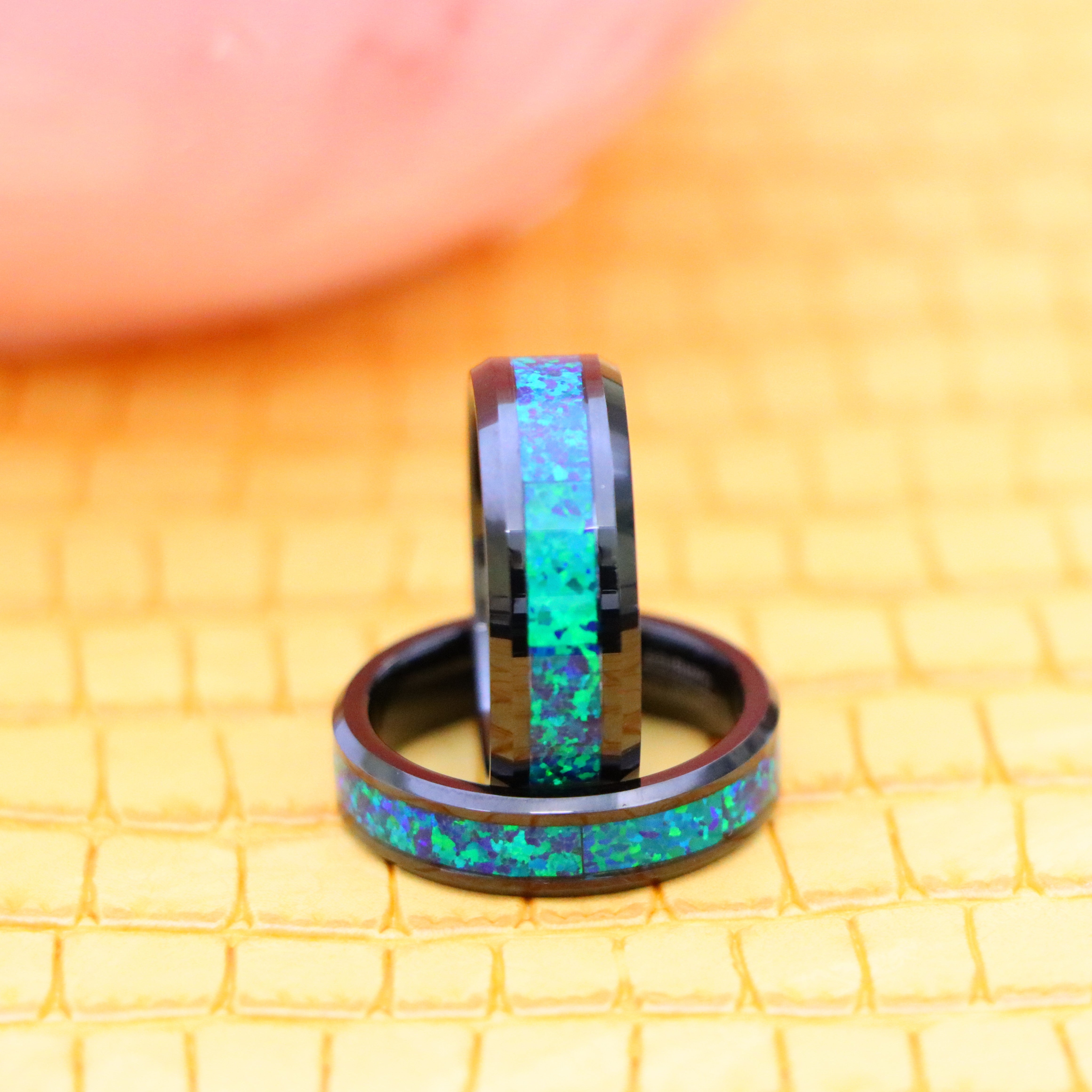Black IP Plated with Synthetic Emerald-Green Opal Inlay Tungsten Ring - Labhu USA