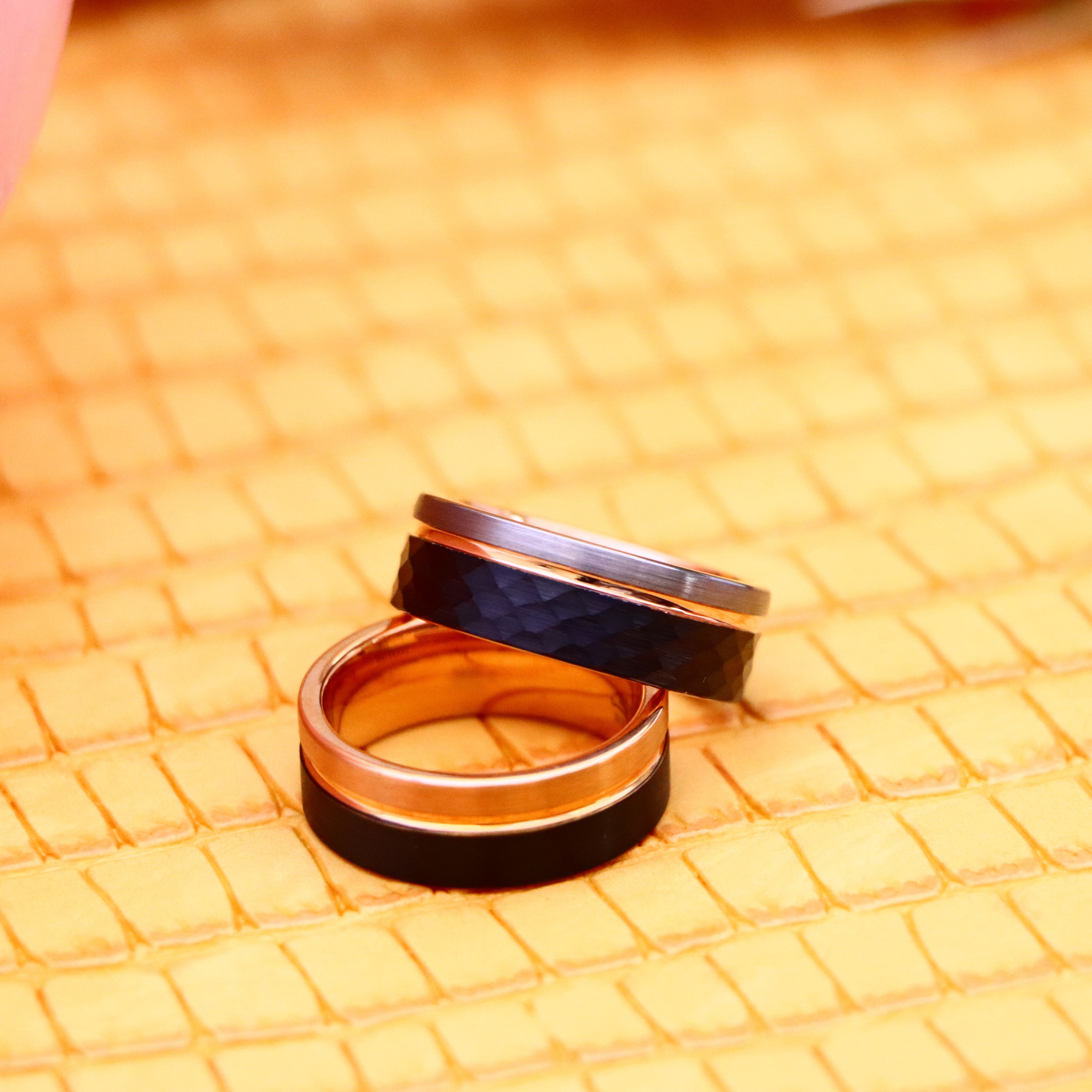 8mm Three-tone Natural, Rose Gold & Hammered Black IP Plated Groove Tungsten Ring Two-tone Rose & Black IP Split Pipe-cut Tungsten Ring - Labhu USA