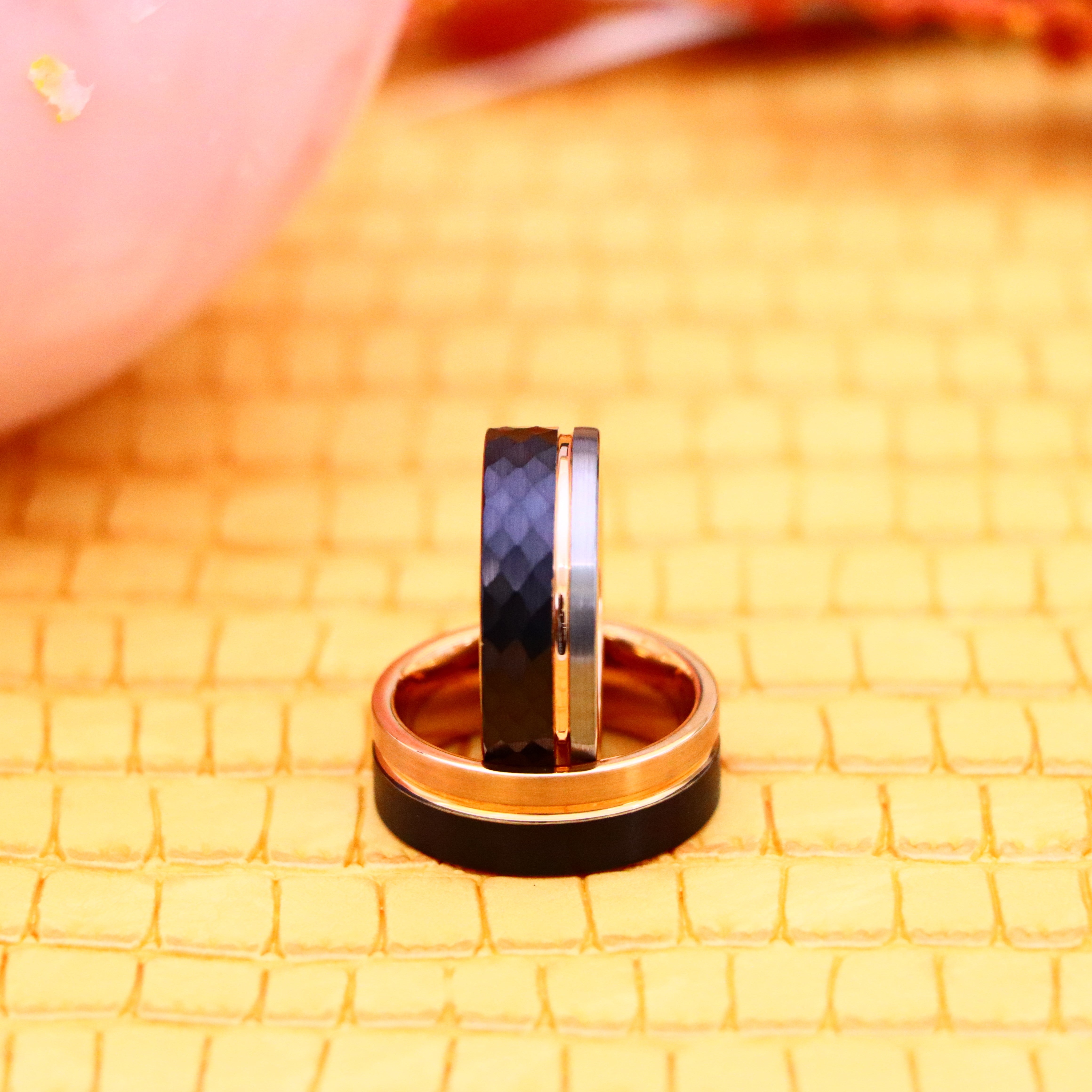 8mm Three-tone Natural, Rose Gold & Hammered Black IP Plated Groove Tungsten Ring Two-tone Rose & Black IP Split Pipe-cut Tungsten Ring - Labhu USA