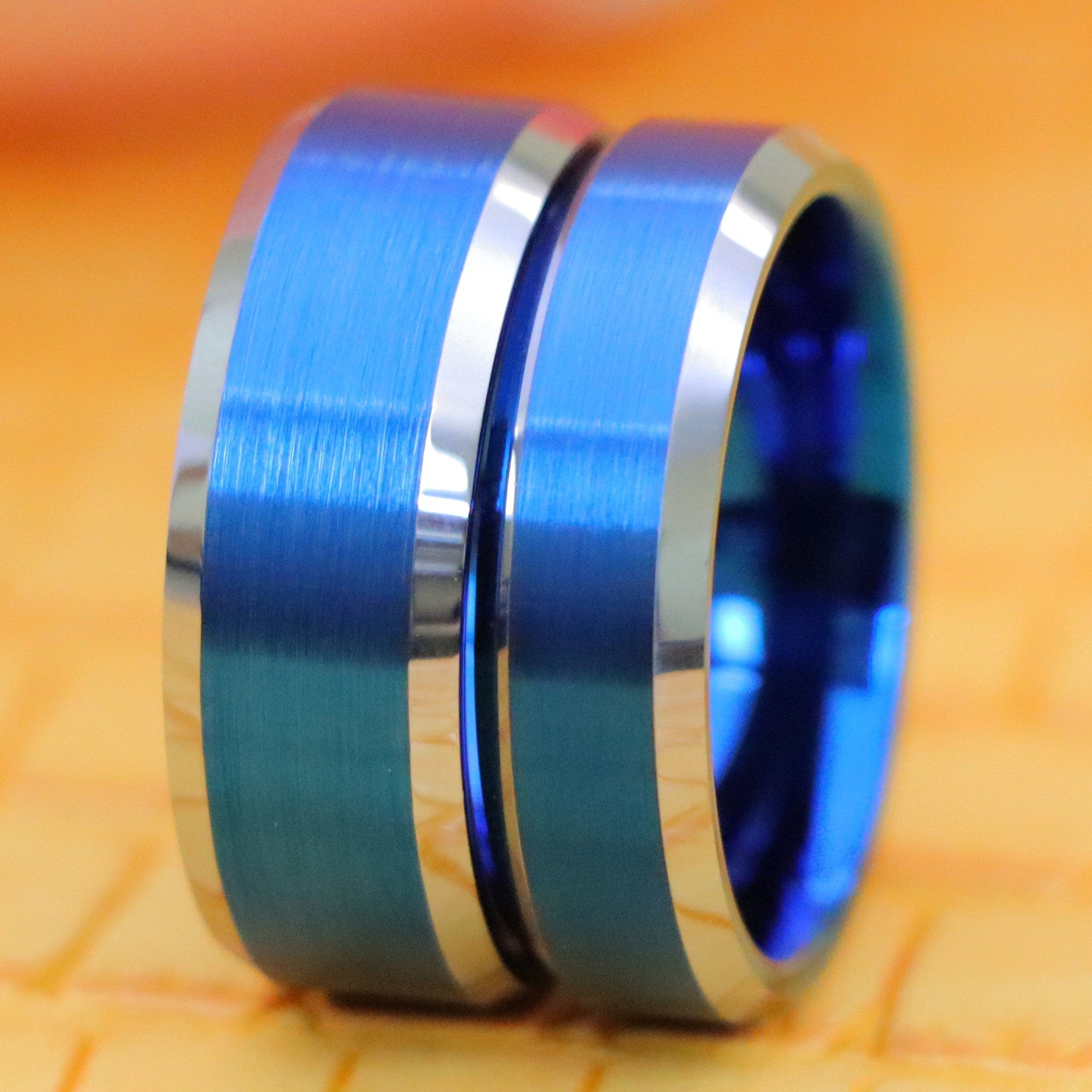 Blue IP Brushed Center High Polish Beveled Edge Tungsten Ring - Labhu USA