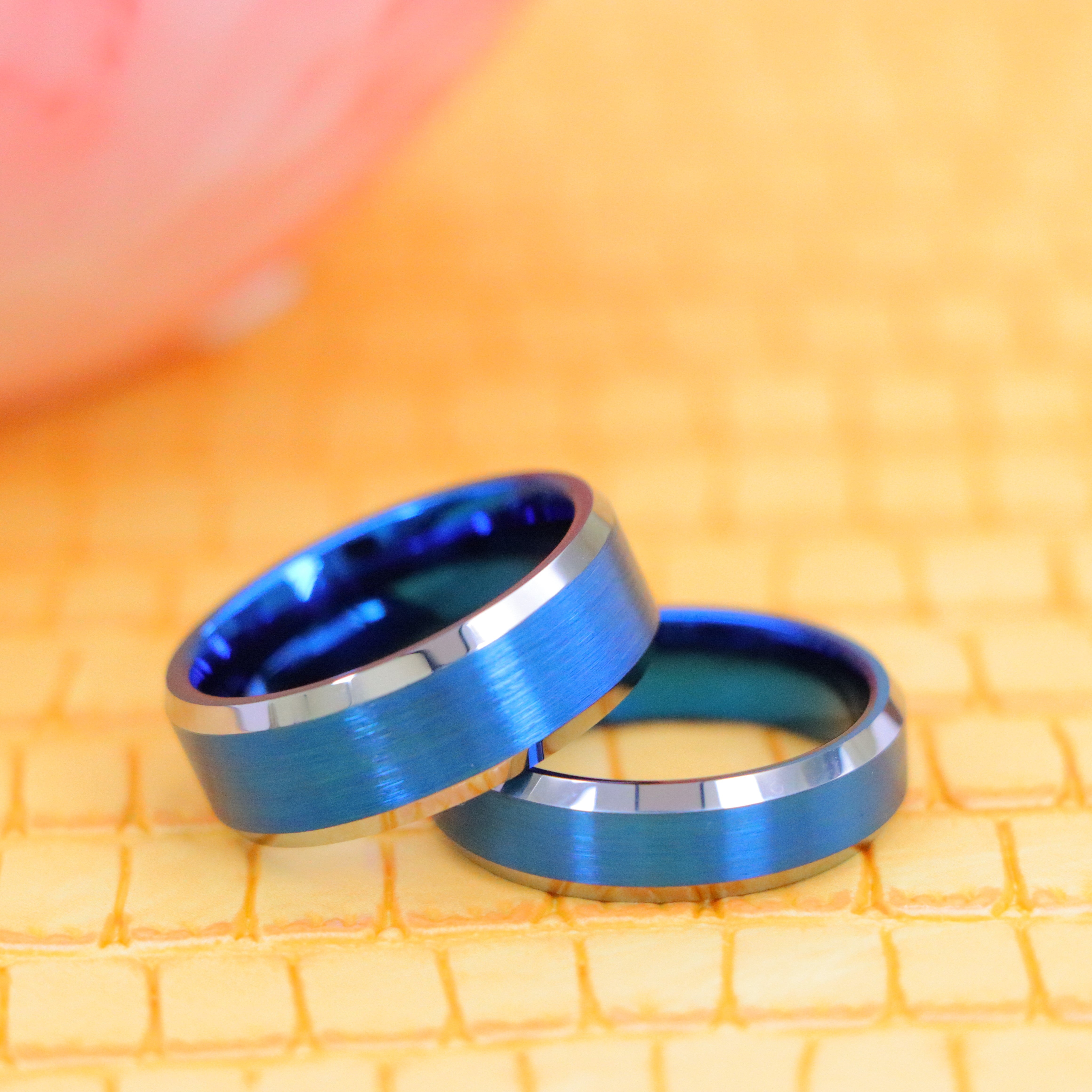 Blue IP Brushed Center High Polish Beveled Edge Tungsten Ring - Labhu USA