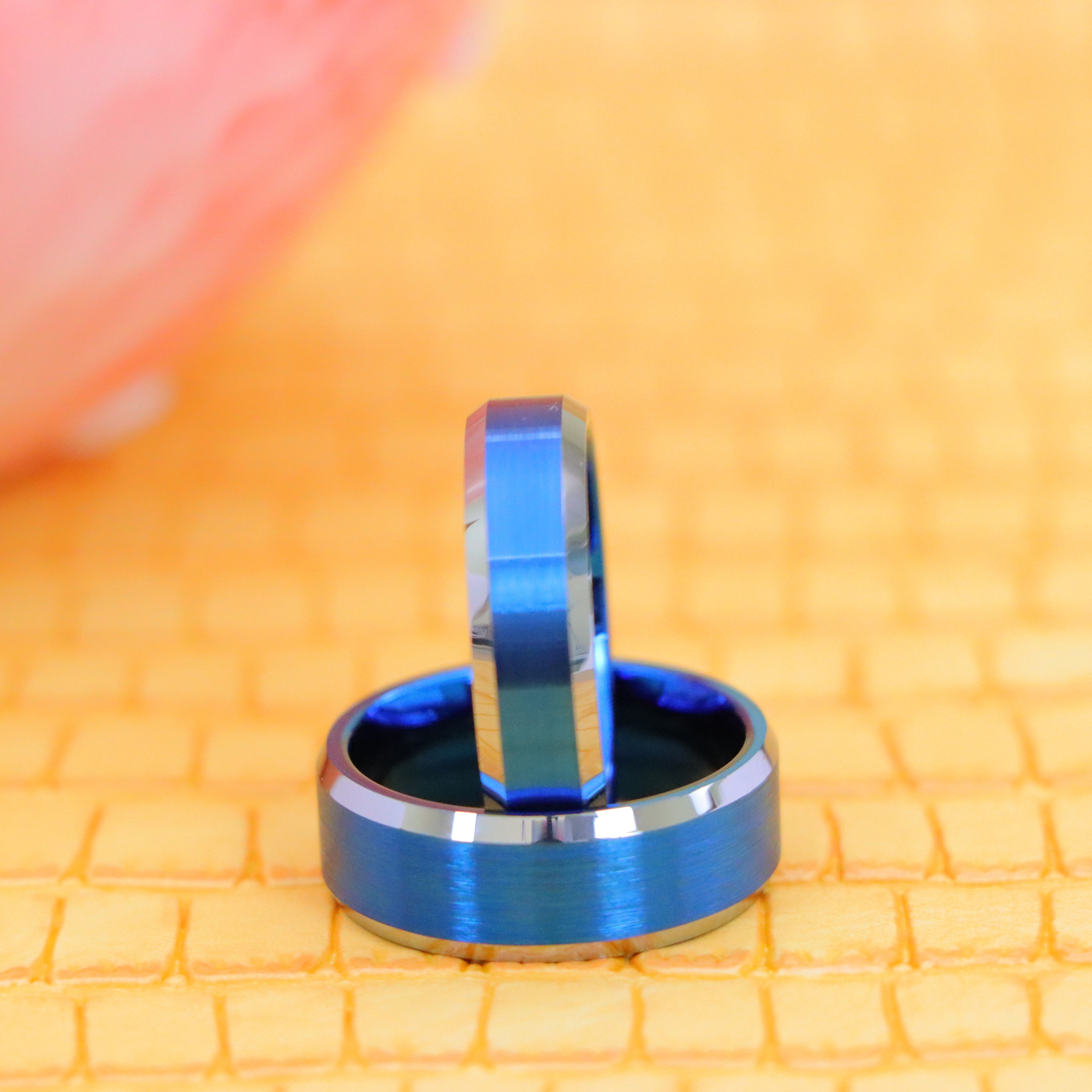 Blue IP Brushed Center High Polish Beveled Edge Tungsten Ring - Labhu USA