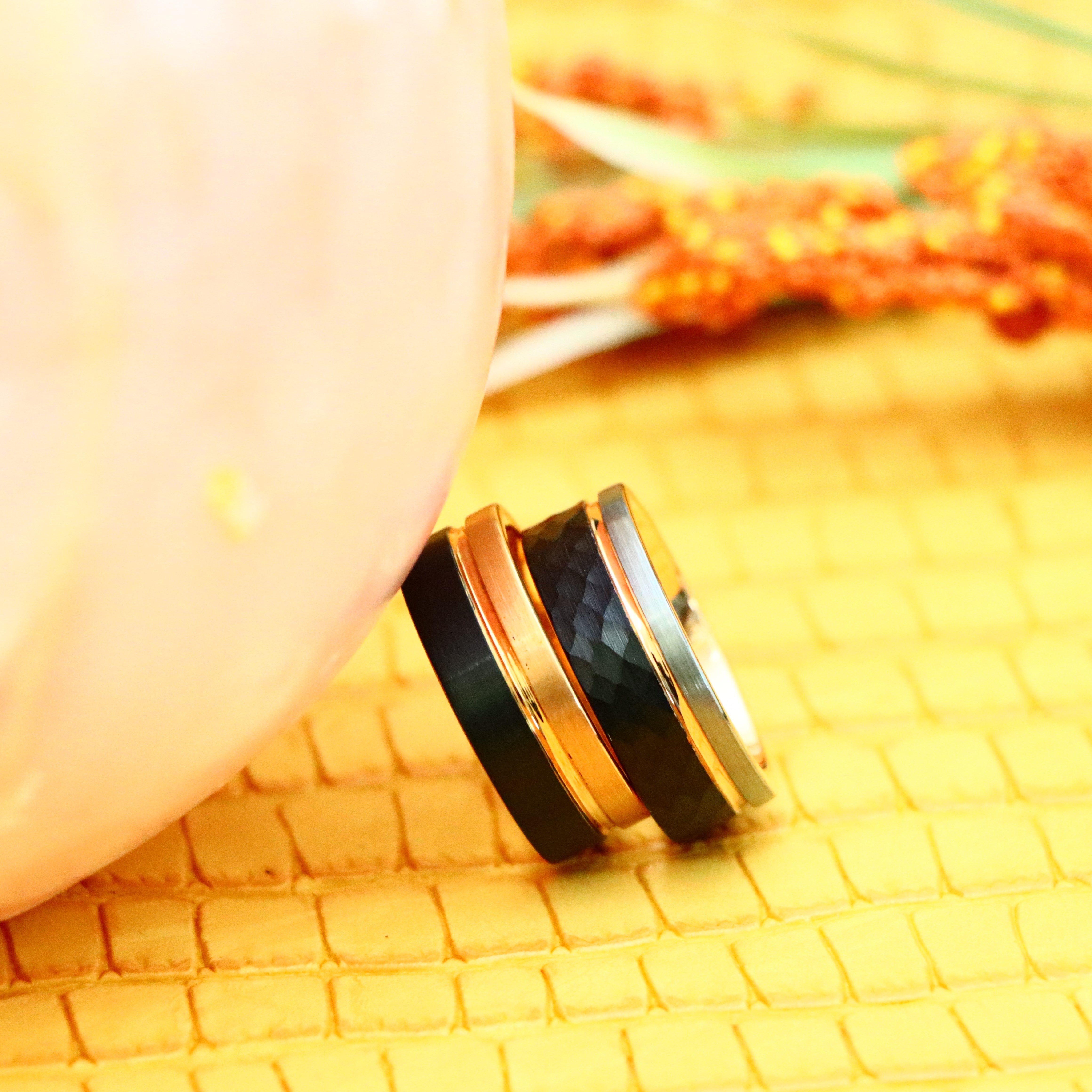 8mm Three-tone Natural, Rose Gold & Hammered Black IP Plated Groove Tungsten Ring Two-tone Rose & Black IP Split Pipe-cut Tungsten Ring - Labhu USA