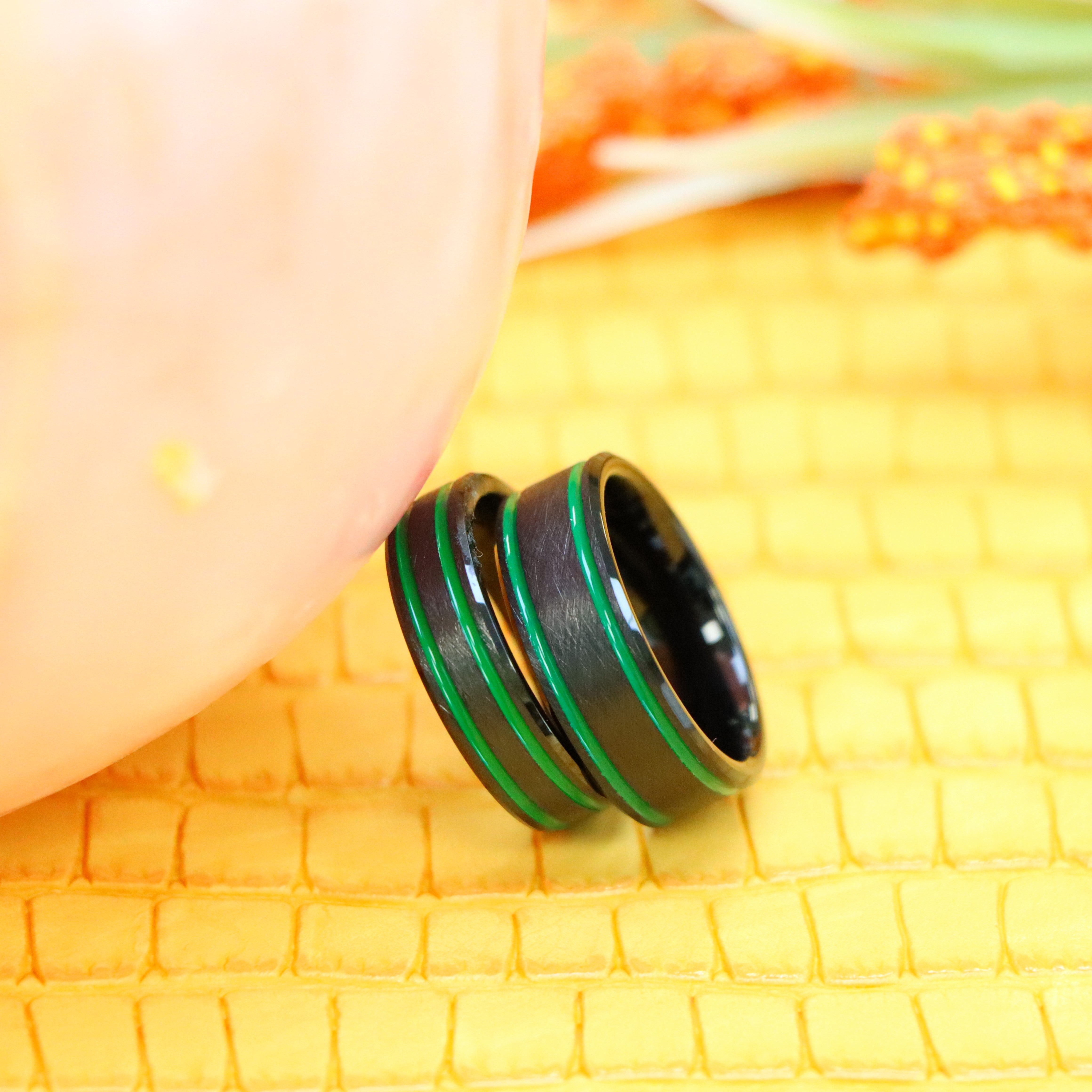 Black IP Plated Ice Finish with Two Green Lines Tungsten Ring - Men's Tungsten Jewelry Labhu USA
