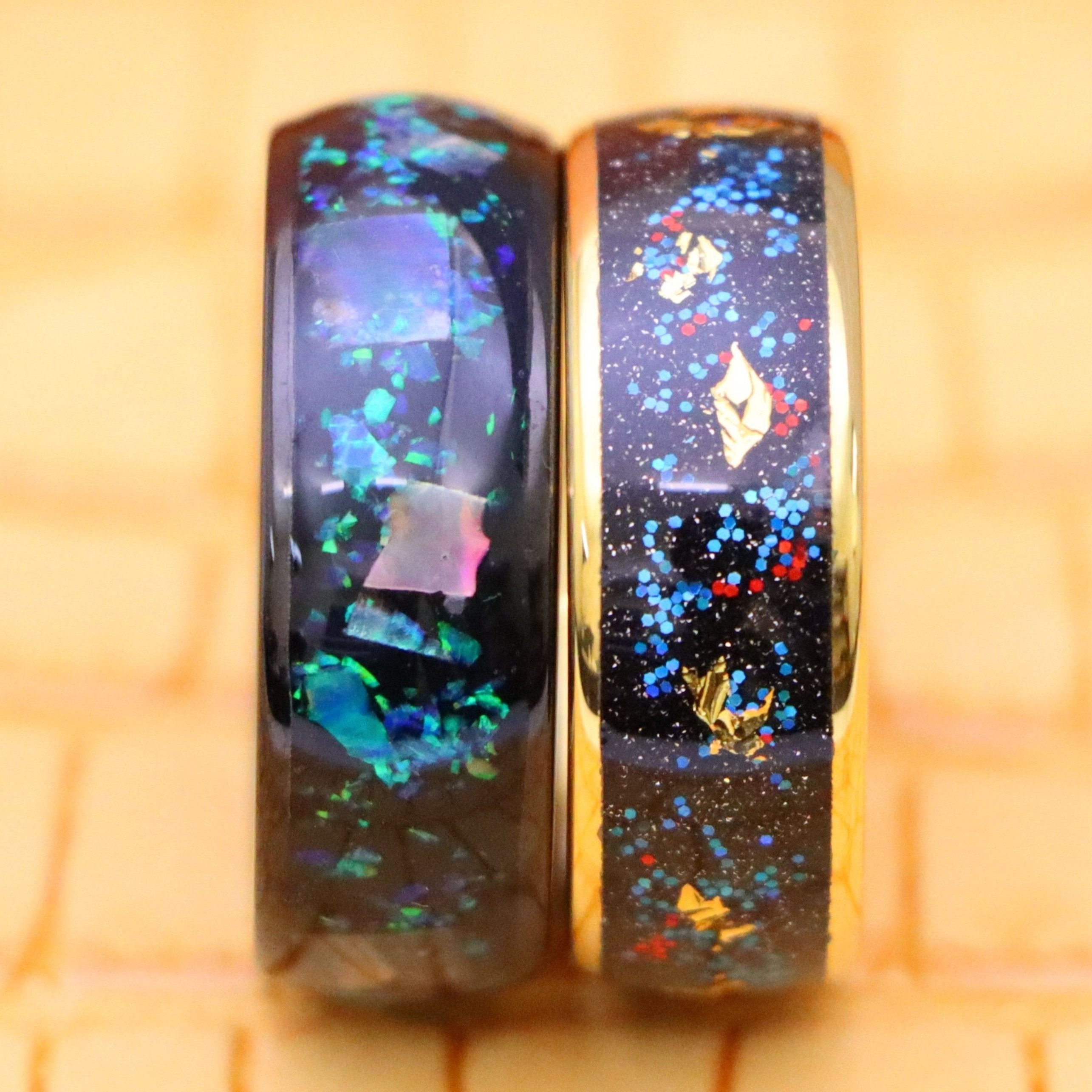 8mm Dome Black IP/Gold Plated with Synthetic Opal & Abalone Fragments Inlay/Blue Green Glitter & Gold Foil Inlay Tungsten Ring - Men's Jewelry Labhu USA