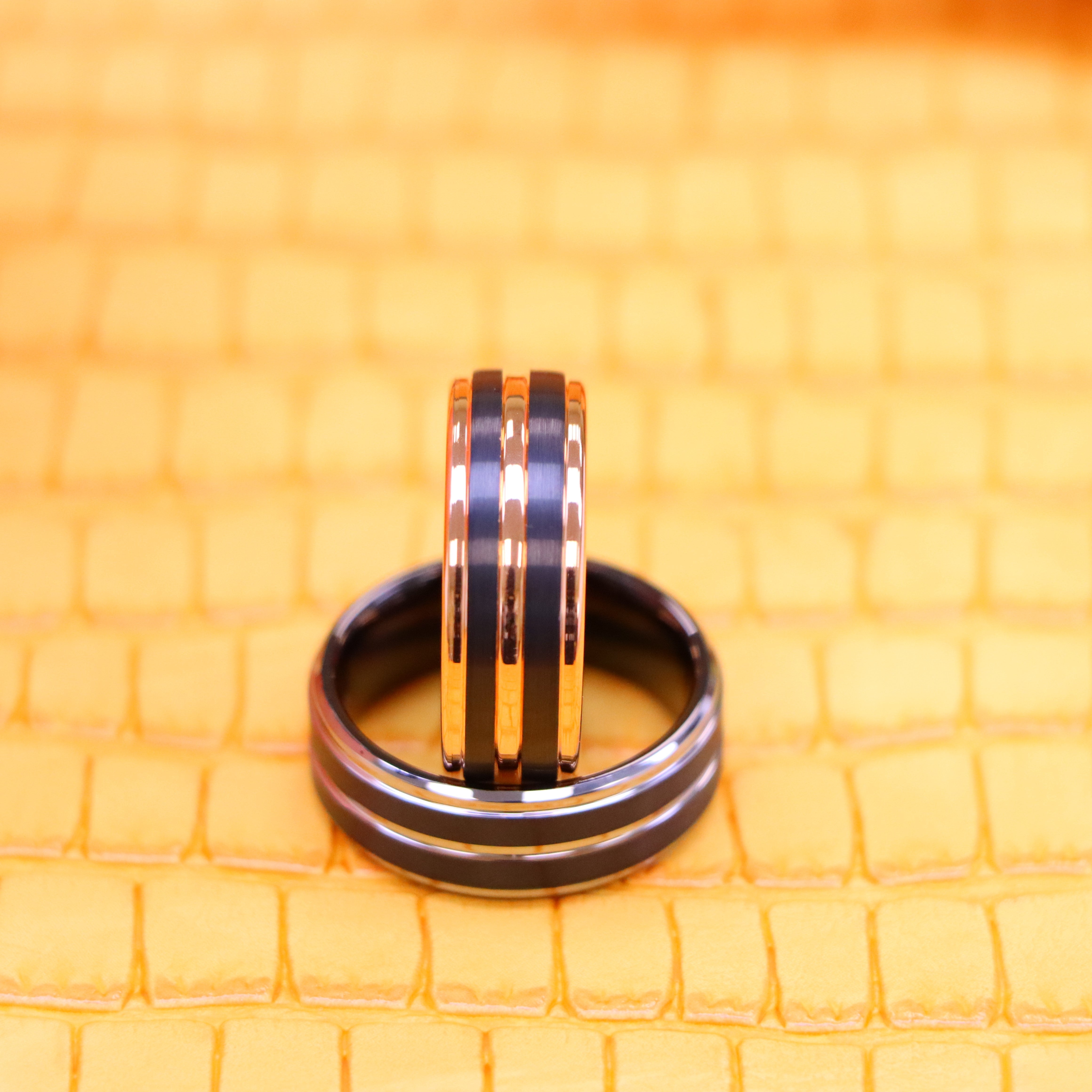 8mm Pinstripe Black/Rose Gold & Gun Metal IP Plated Beveled Edge Tungsten Ring - Labhu USA