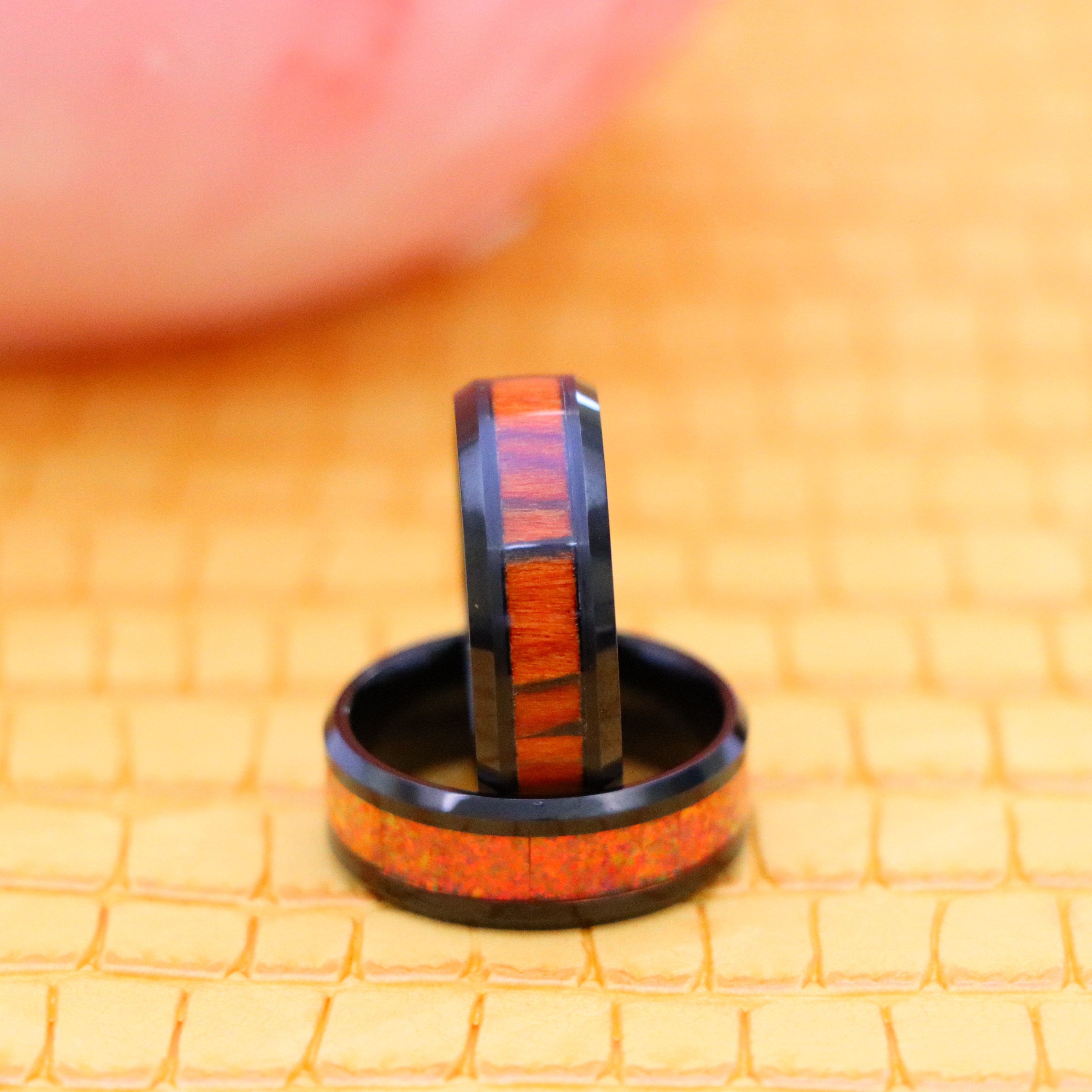 8mm Black IP Plated Tungsten Ring with Synthetic Orange Opal/Dark Mahogany Wood Inlay - Labhu USA