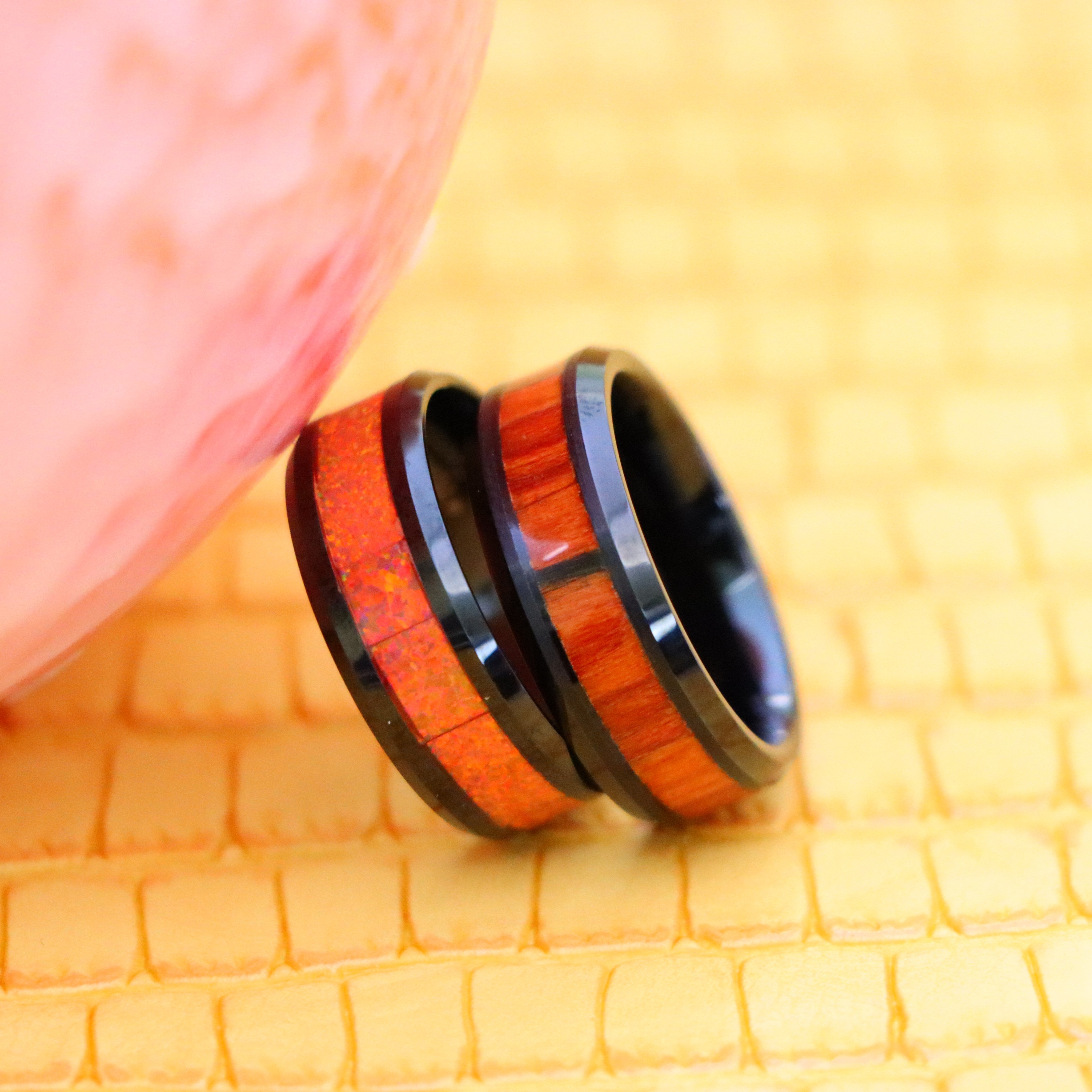 8mm Black IP Plated Tungsten Ring with Synthetic Orange Opal/Dark Mahogany Wood Inlay - Labhu USA