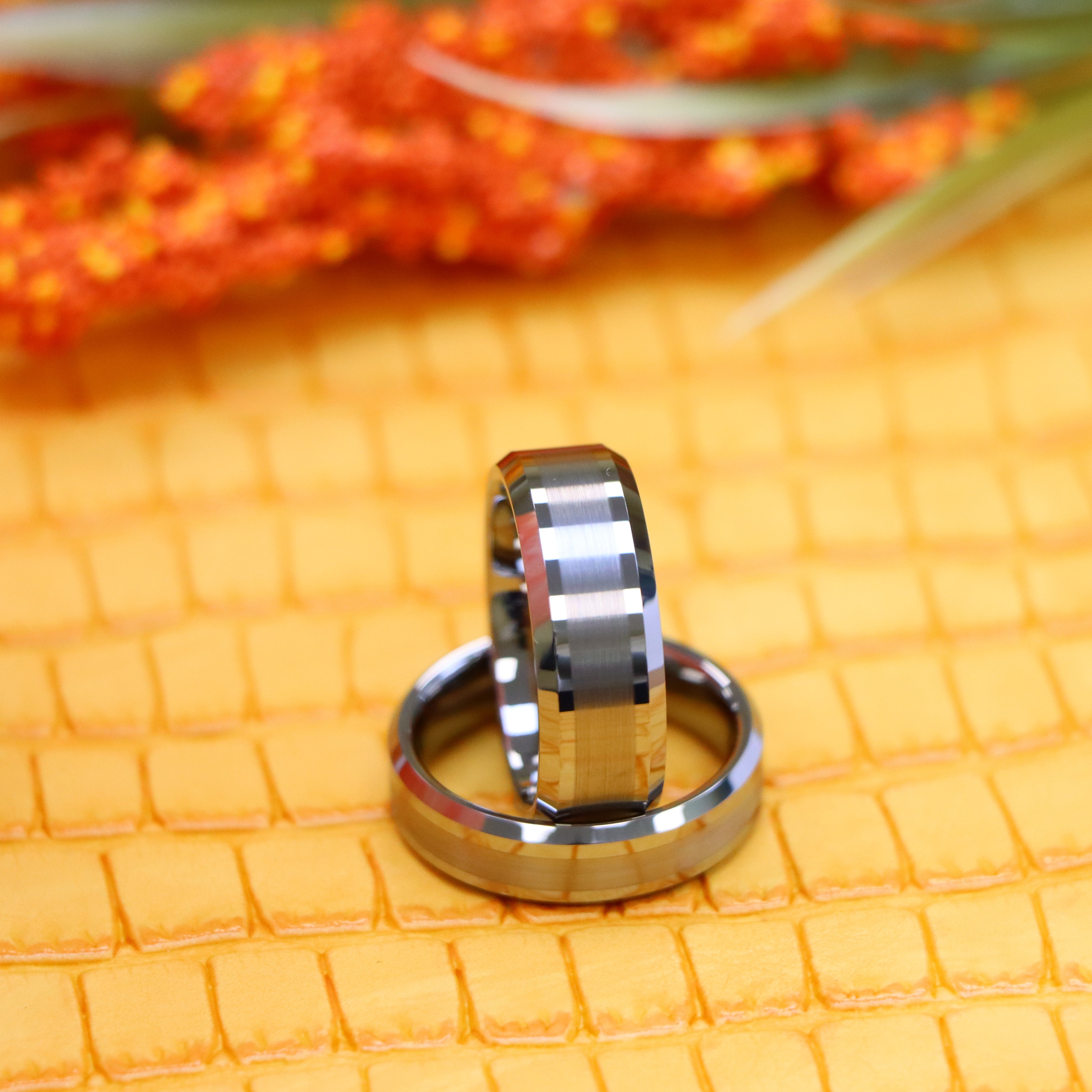 Brushed Center Shiny Lines Beveled Edge Tungsten Ring - Labhu USA