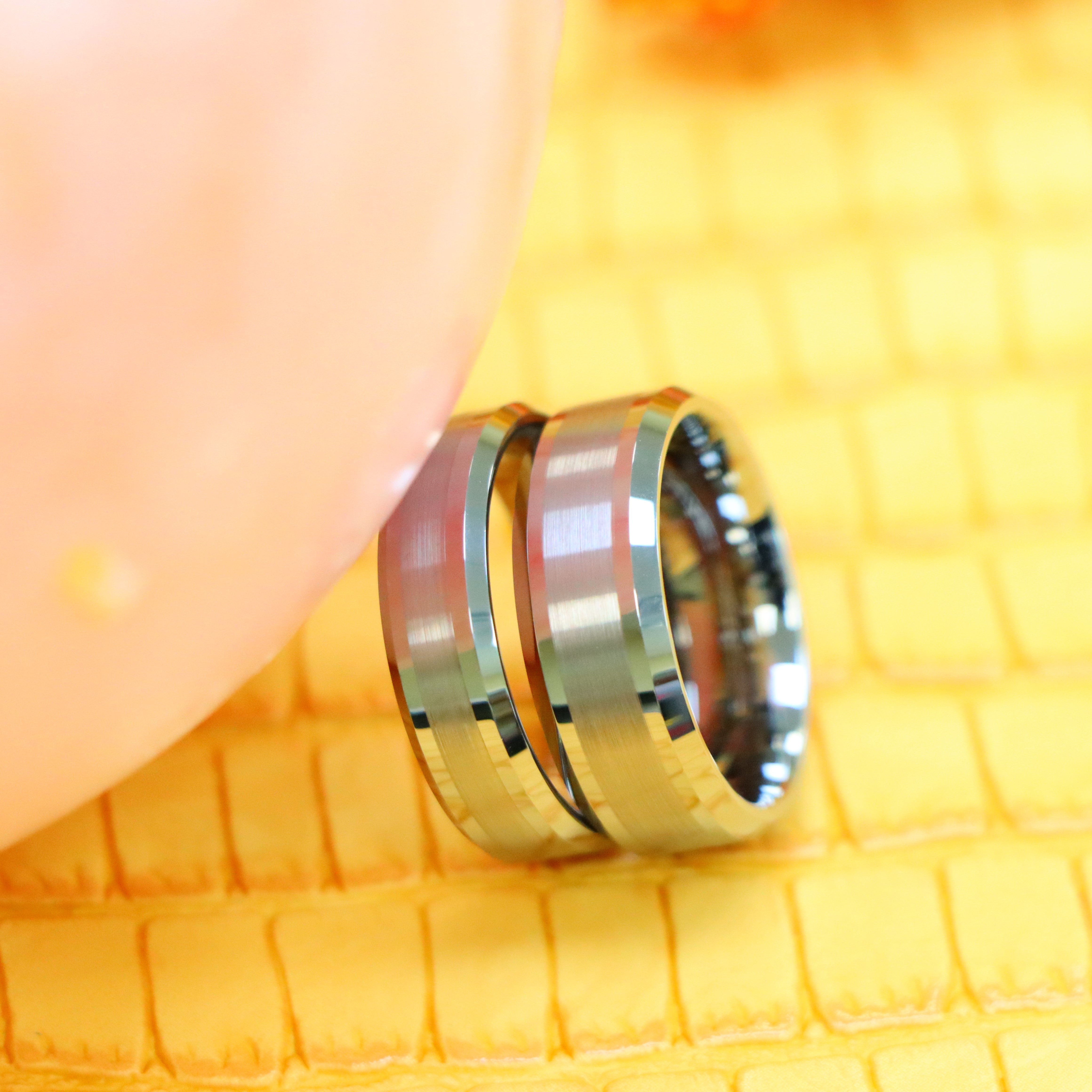 Brushed Center Shiny Lines Beveled Edge Tungsten Ring - Labhu USA