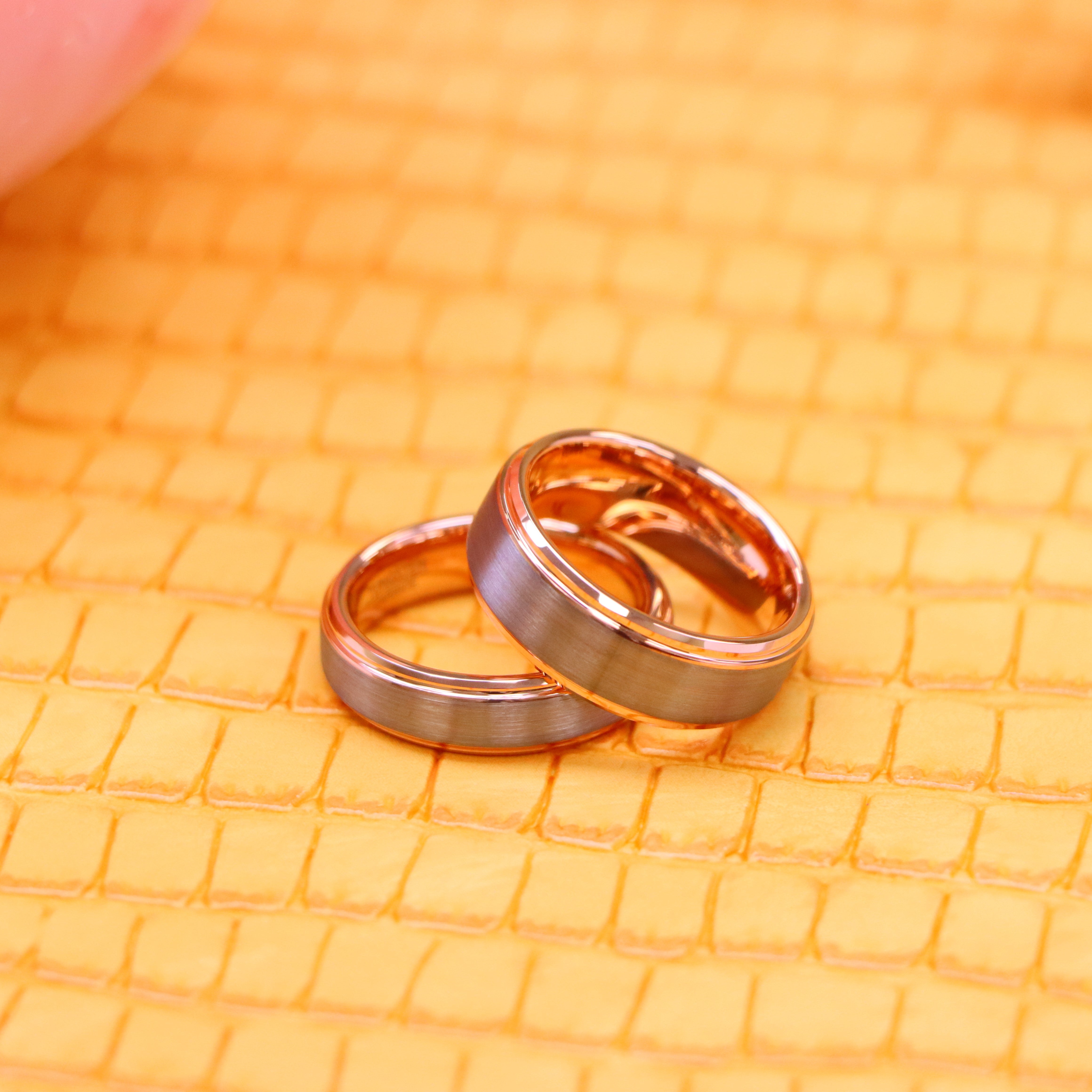 Two-tone Rose Gold IP Plated Beveled Edge & Brushed Finish Tungsten Ring - Labhu USA