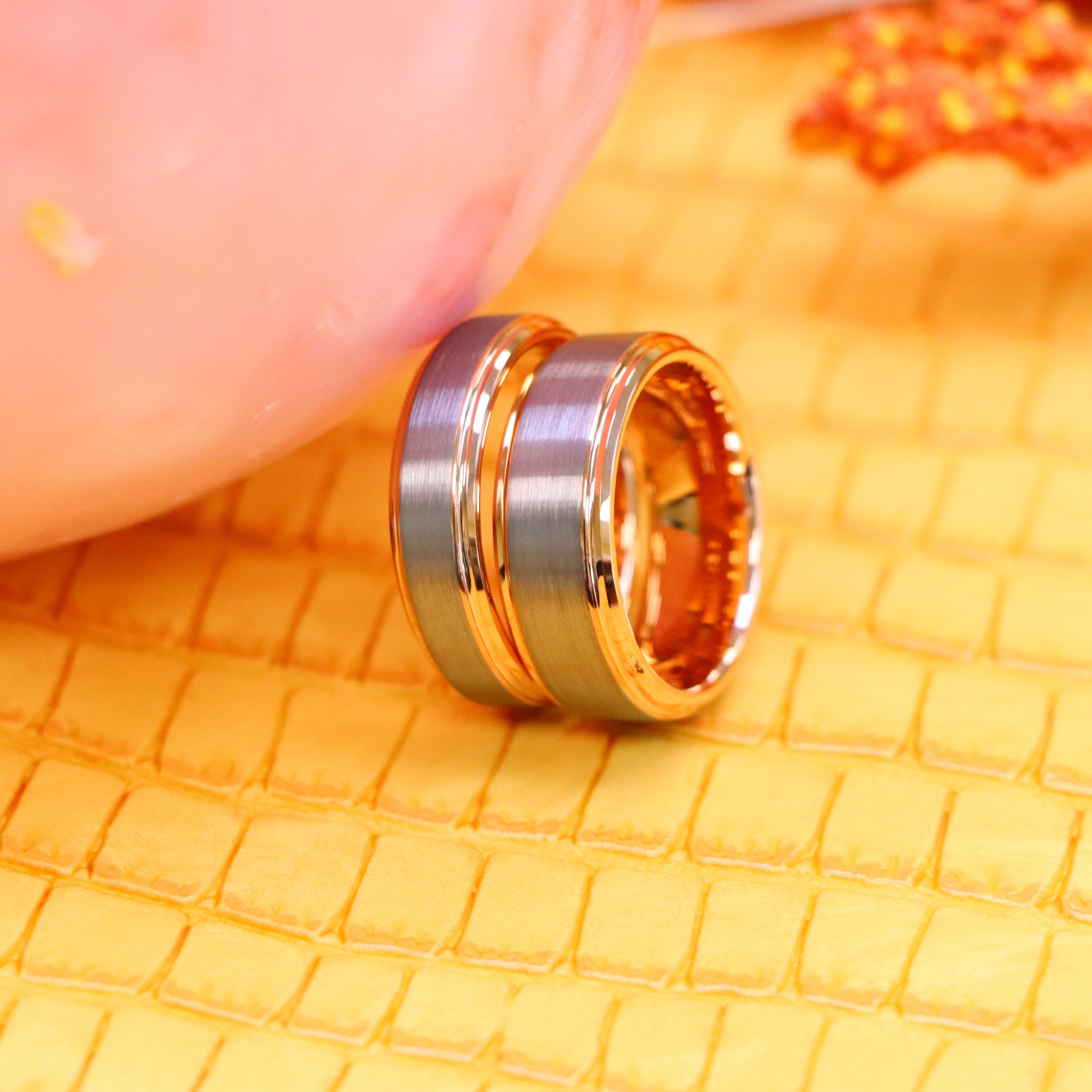 Two-tone Rose Gold IP Plated Beveled Edge & Brushed Finish Tungsten Ring - Labhu USA