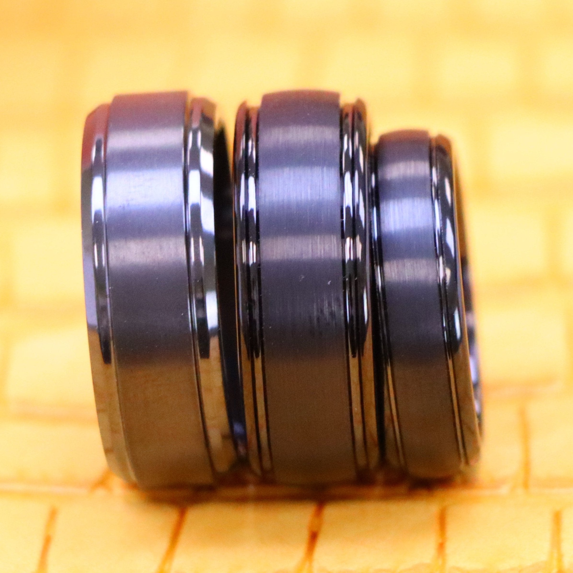 Domed Black IP Plated Brushed Center High Polished Grooved Edge Tungsten Ring Zirconium Natural Gun Metal Tone Ring - Labhu USA