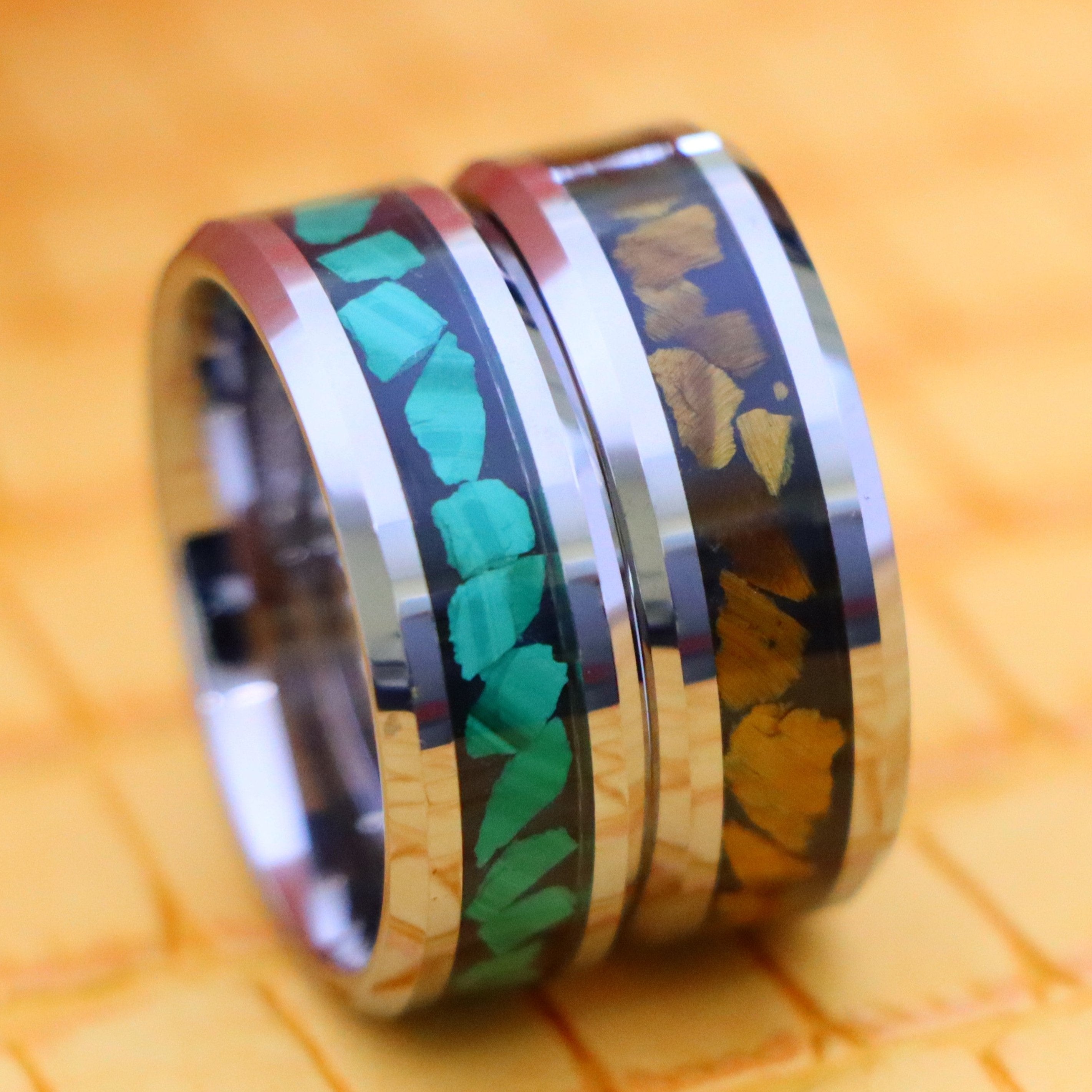 8mm Beveled Edge with Malachite Chips essence of joy tungsten ring and 8mm Beveled Edge with Tiger Eye Chips Tungsten Ring for protection for men and women seeking for joy and good luck - Zoom in clear front view
