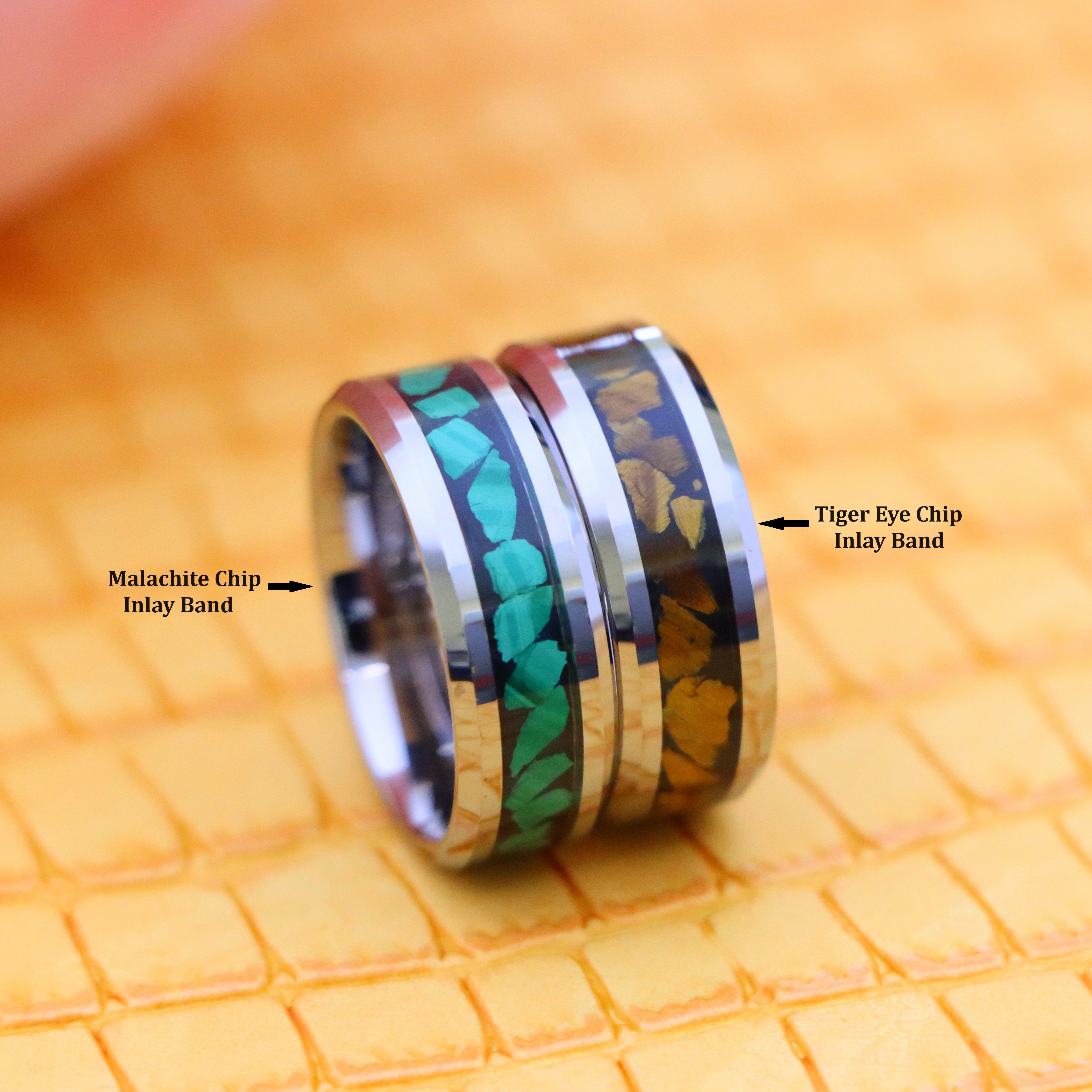 8mm Beveled Edge with Malachite Chips essence of joy tungsten ring and 8mm Beveled Edge with Tiger Eye Chips Tungsten Ring for protection for men and women seeking for joy and good luck - front view with tags