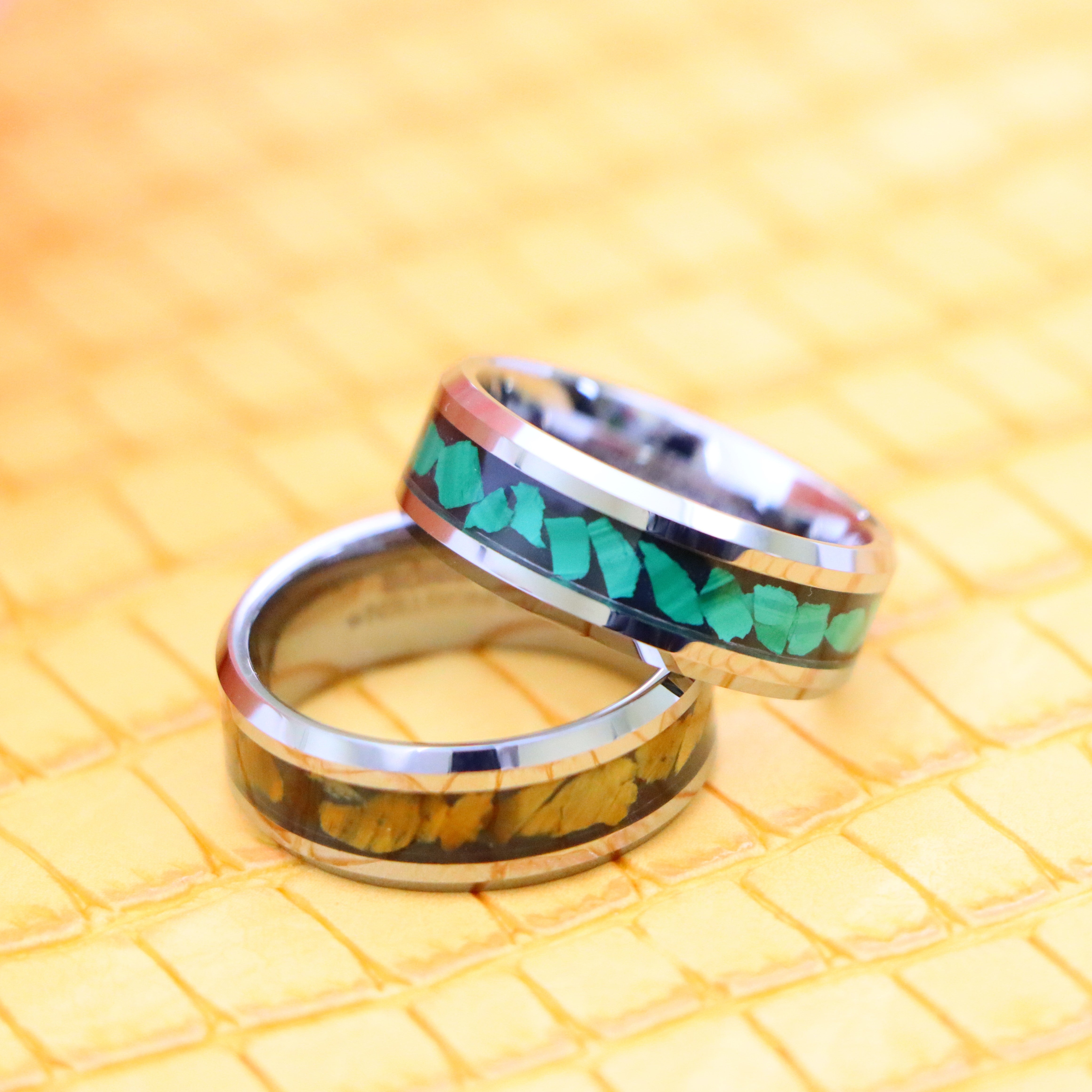 8mm Beveled Edge with Malachite Chips essence of joy tungsten ring and 8mm Beveled Edge with Tiger Eye Chips Tungsten Ring for protection for men and women seeking for joy and good luck - one on one spreaded view