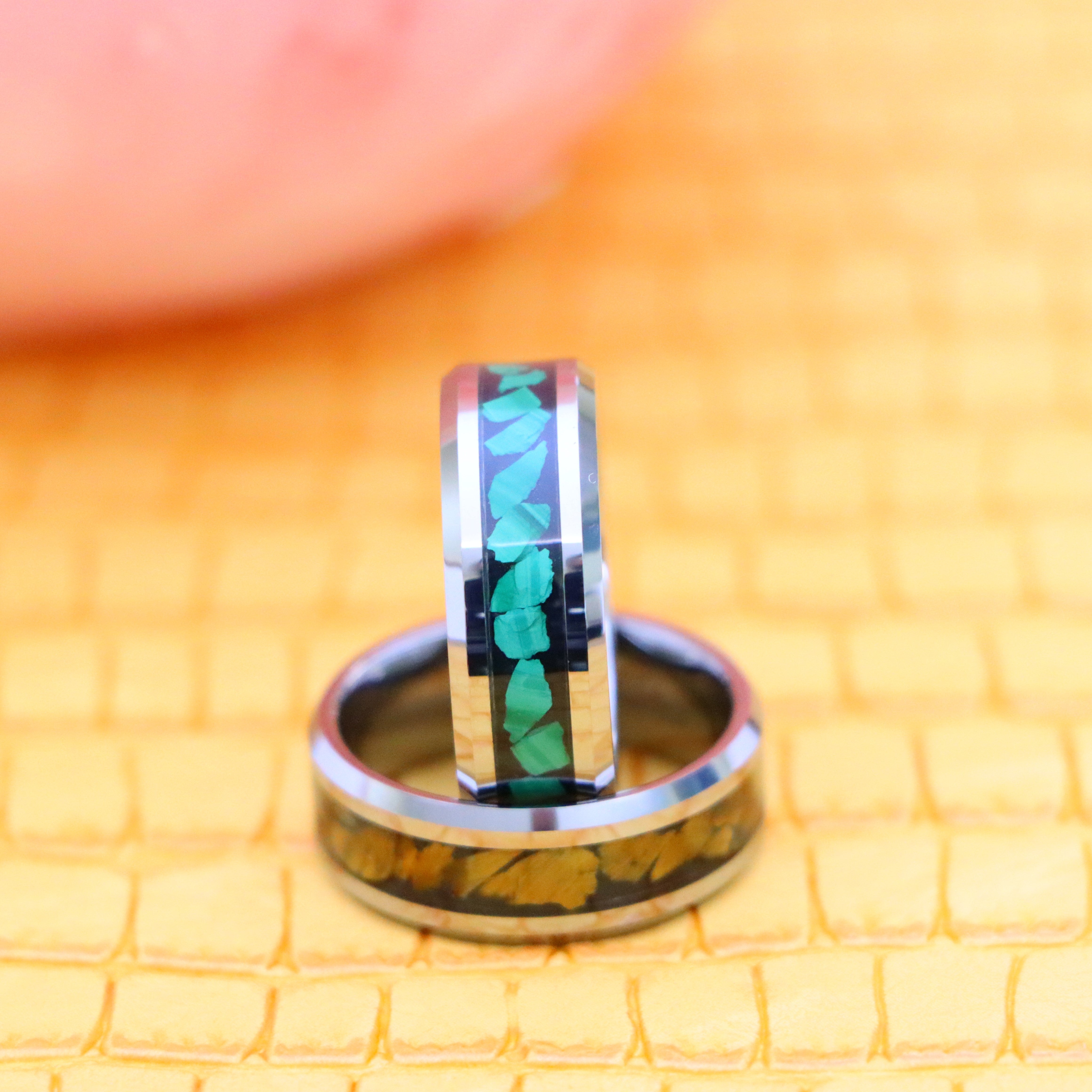 8mm Beveled Edge with Malachite Chips essence of joy tungsten ring and 8mm Beveled Edge with Tiger Eye Chips Tungsten Ring for protection for men and women seeking for joy and good luck - product image view