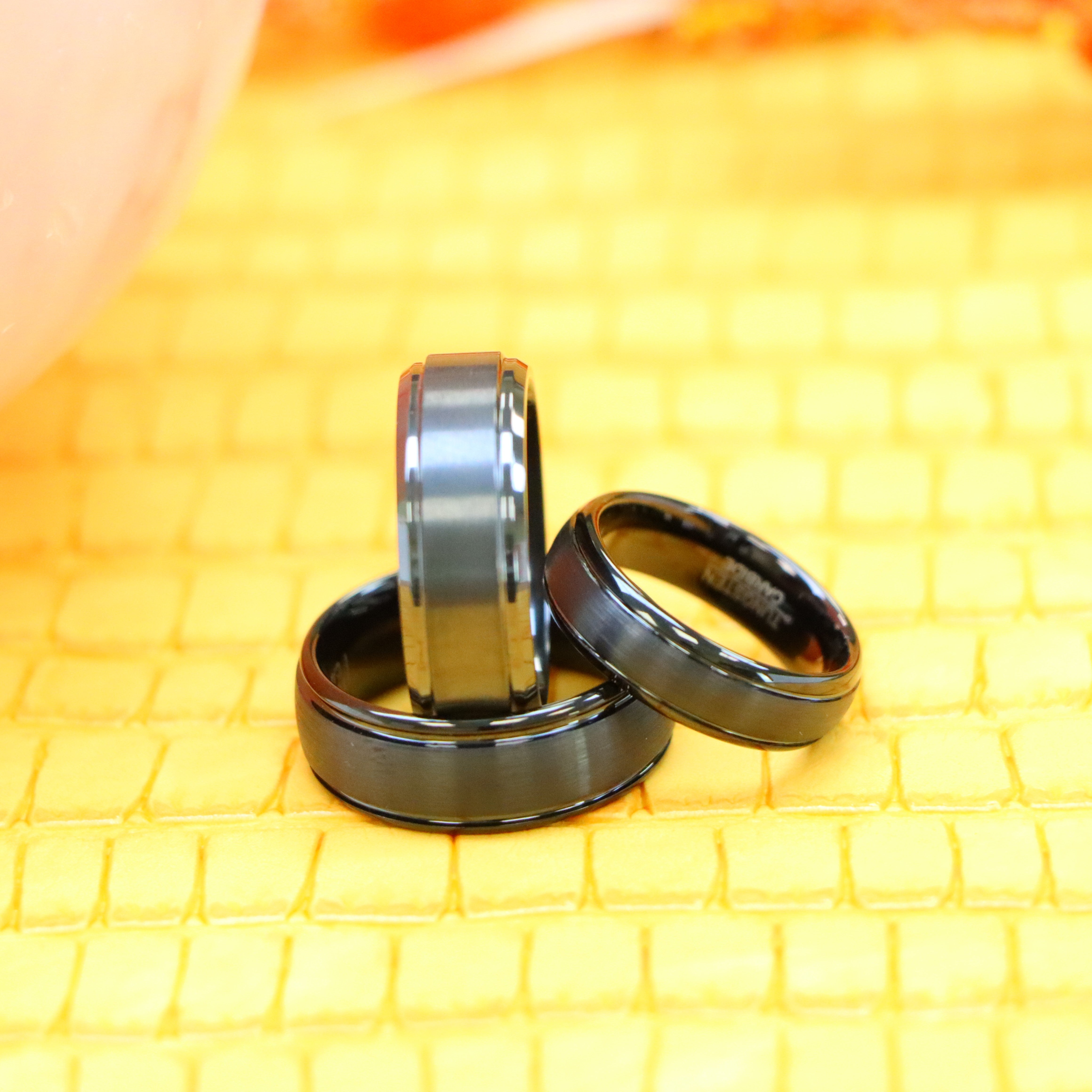 Domed Black IP Plated Brushed Center High Polished Grooved Edge Tungsten Ring Zirconium Natural Gun Metal Tone Ring - Labhu USA