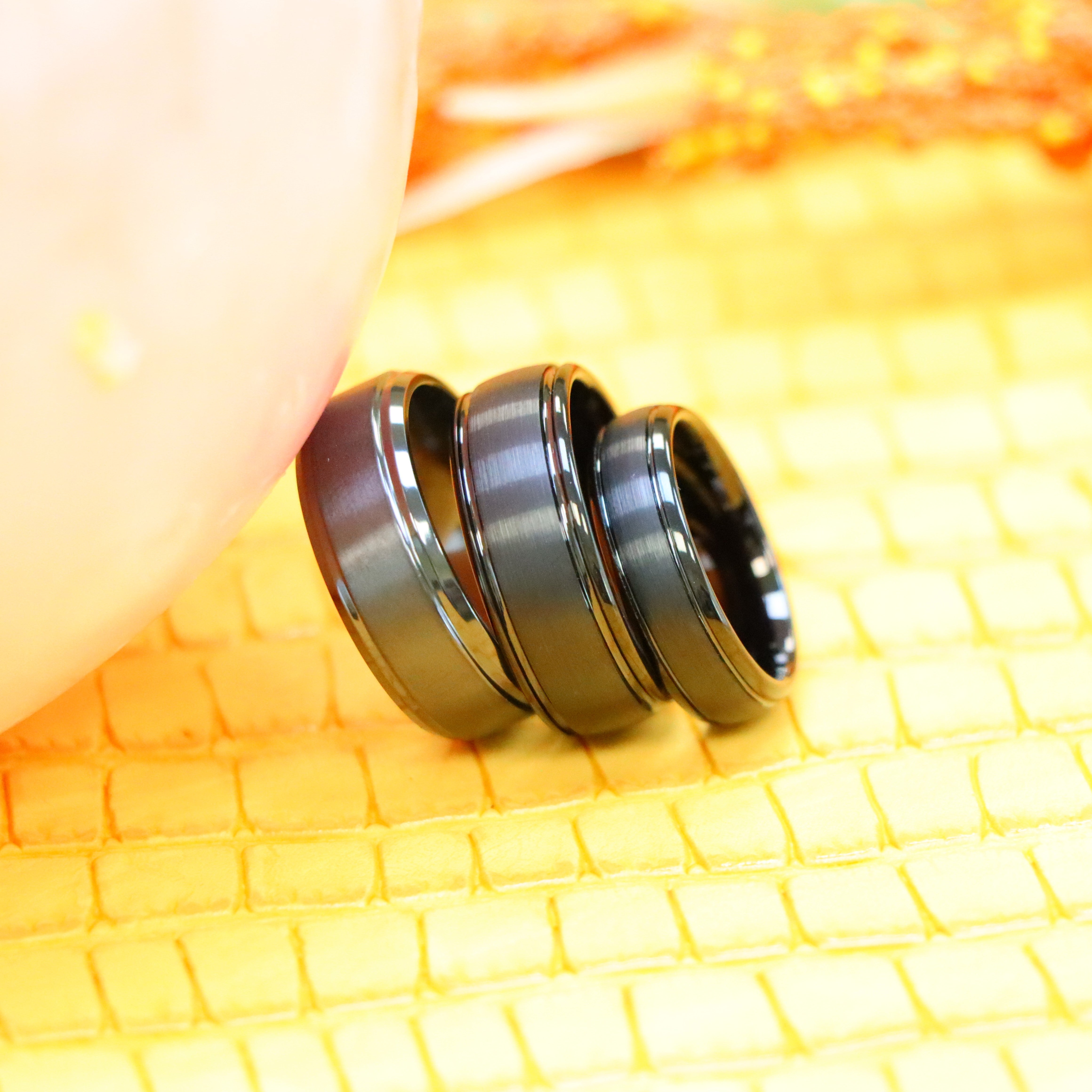 Domed Black IP Plated Brushed Center High Polished Grooved Edge Tungsten Ring Zirconium Natural Gun Metal Tone Ring - Labhu USA