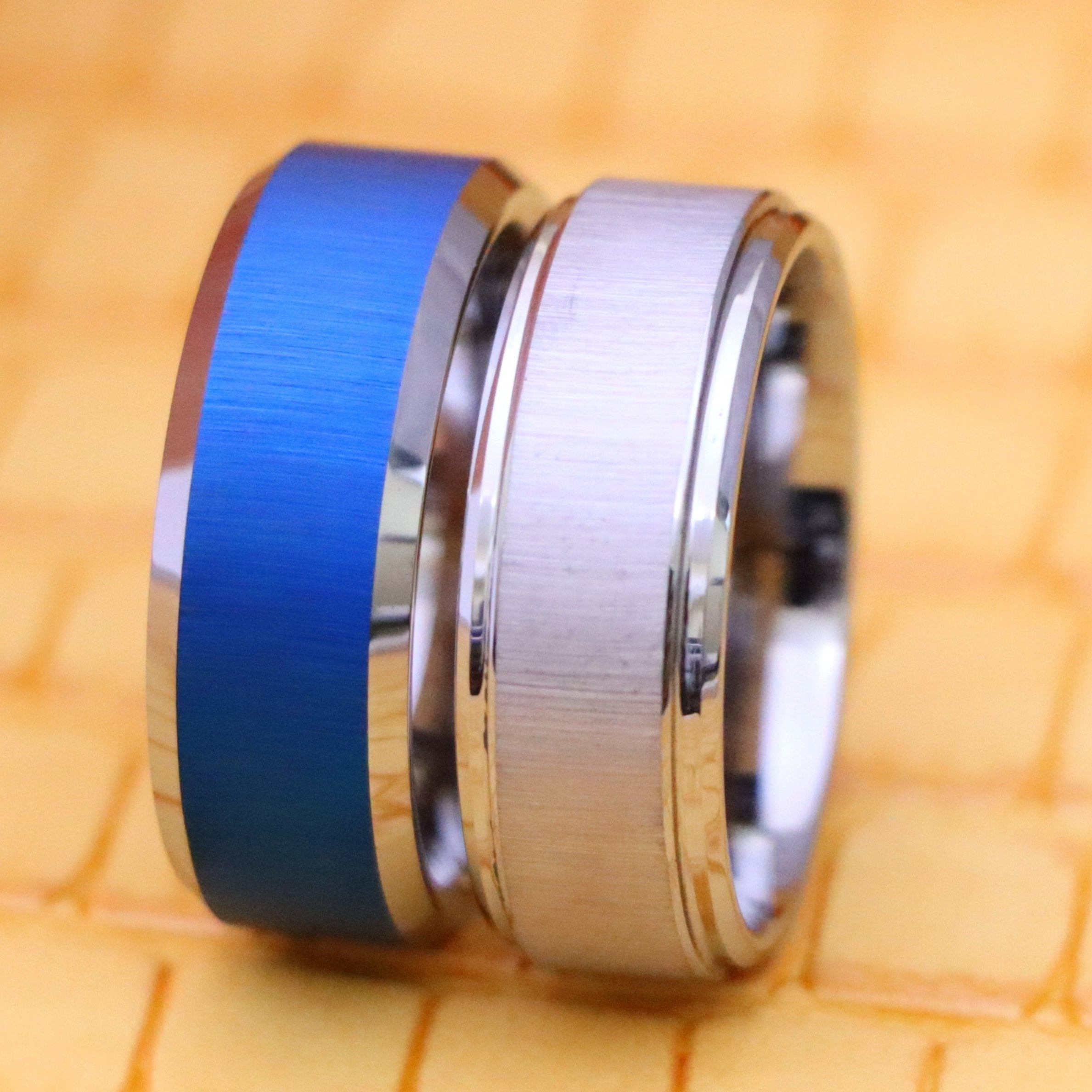 8mm Blue/White IP Reflective Finish Beveled Edge Tungsten Ring - Labhu USA