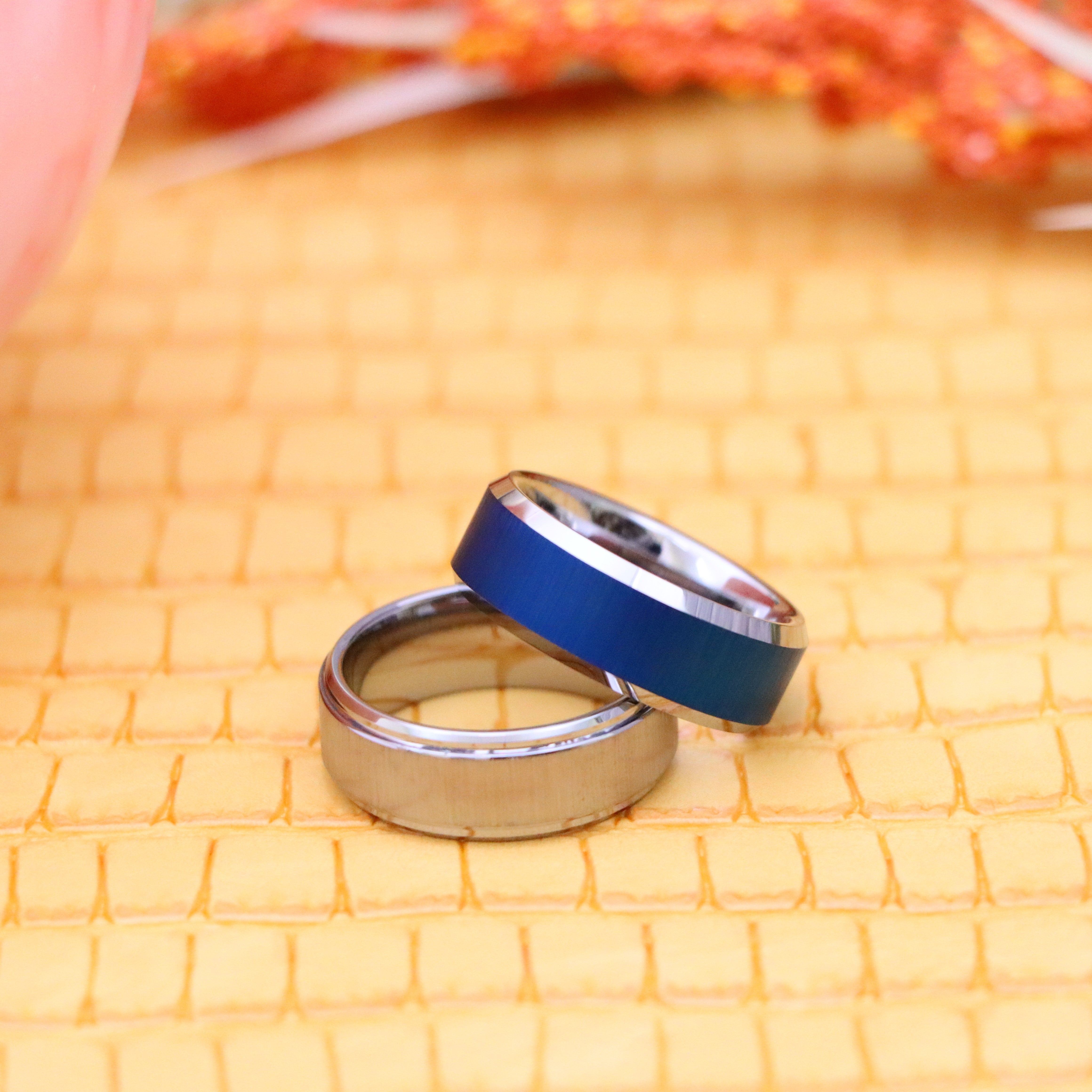 8mm Blue/White IP Reflective Finish Beveled Edge Tungsten Ring - Labhu USA