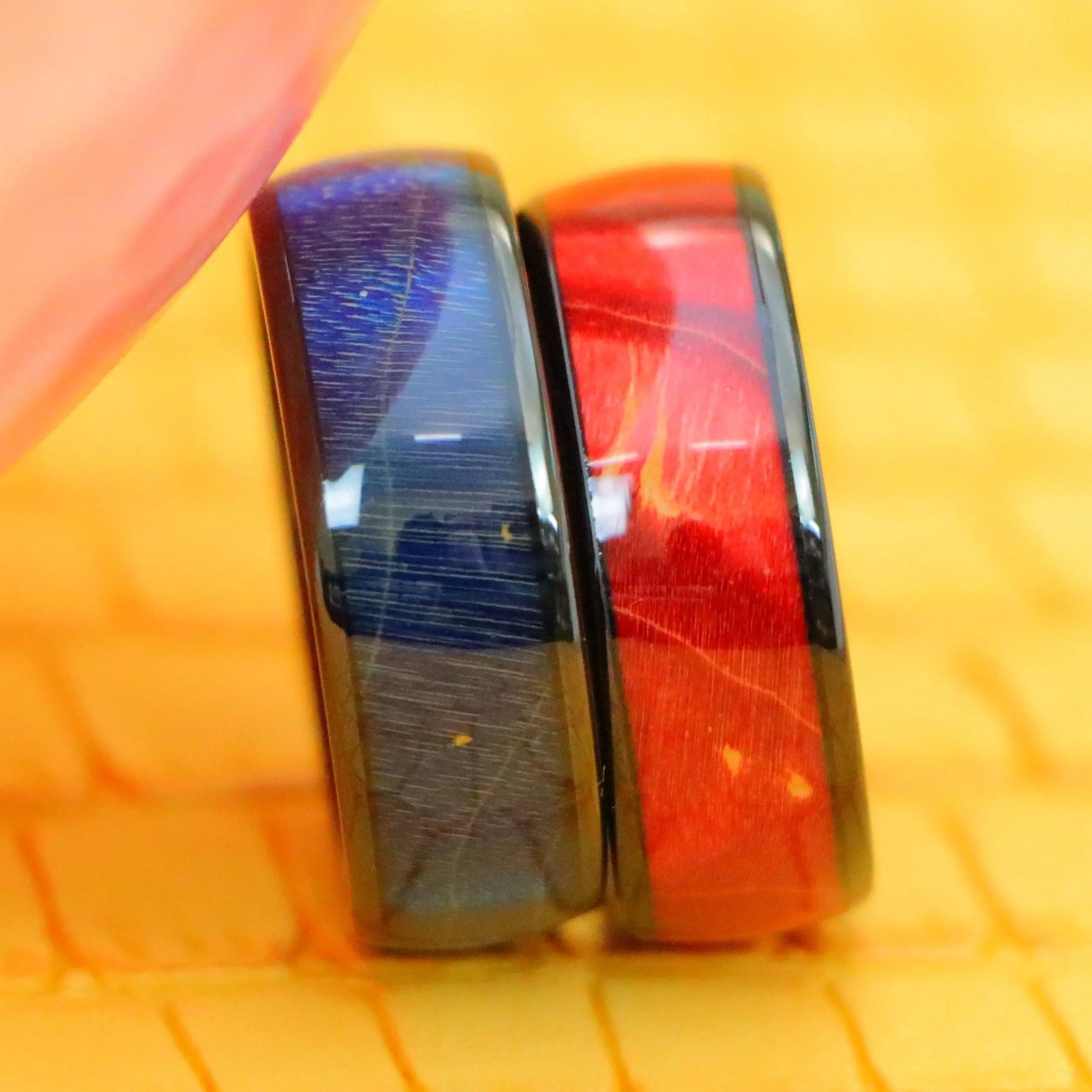 8mm Black IP Domed Azure Stain Stabilized Wood inlay men's tungsten band and 8mm Red Burgundy Hue Solidified Wood Inlay men's Tungsten Ring for Men's Regular wear - clear front view