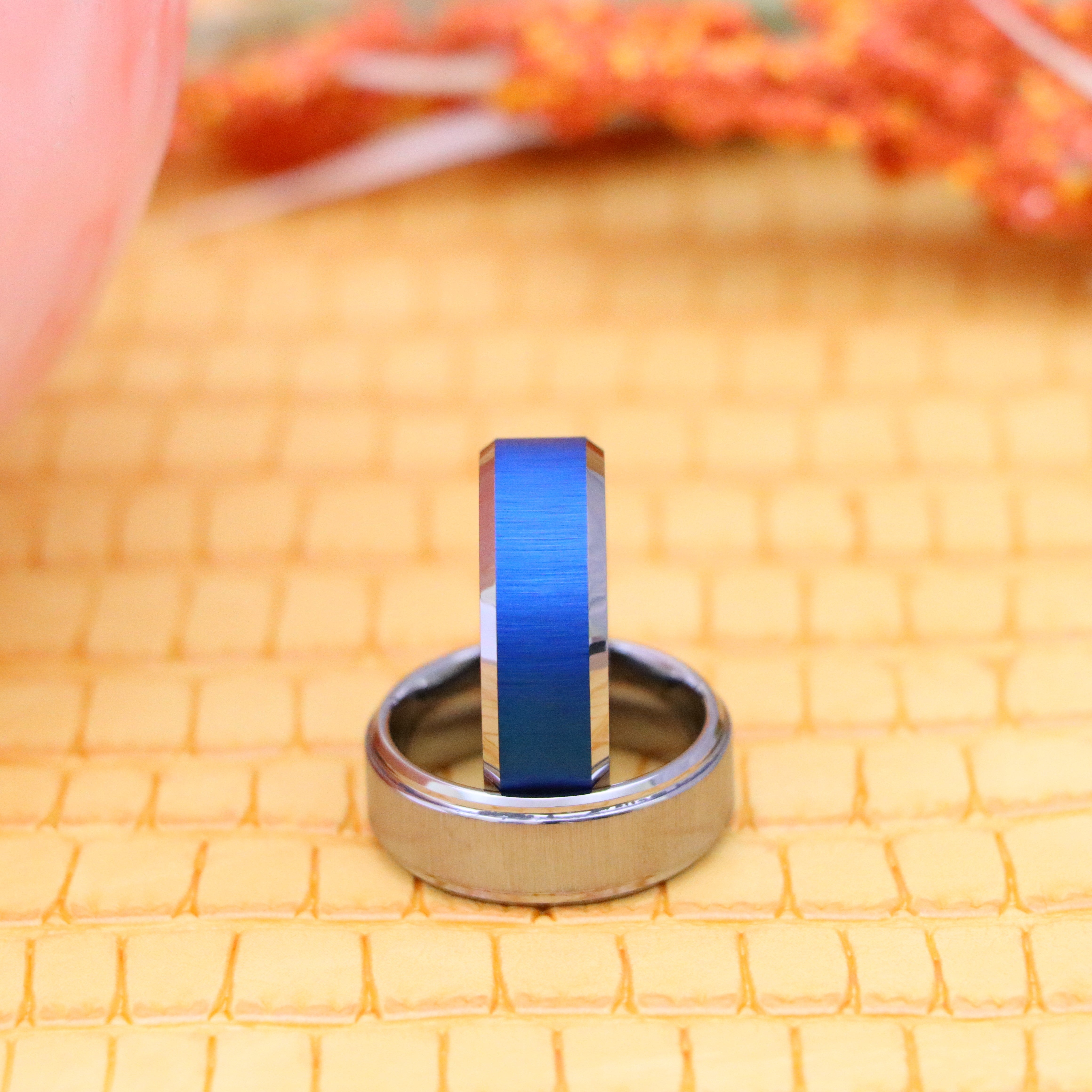 8mm Blue/White IP Reflective Finish Beveled Edge Tungsten Ring - Labhu USA