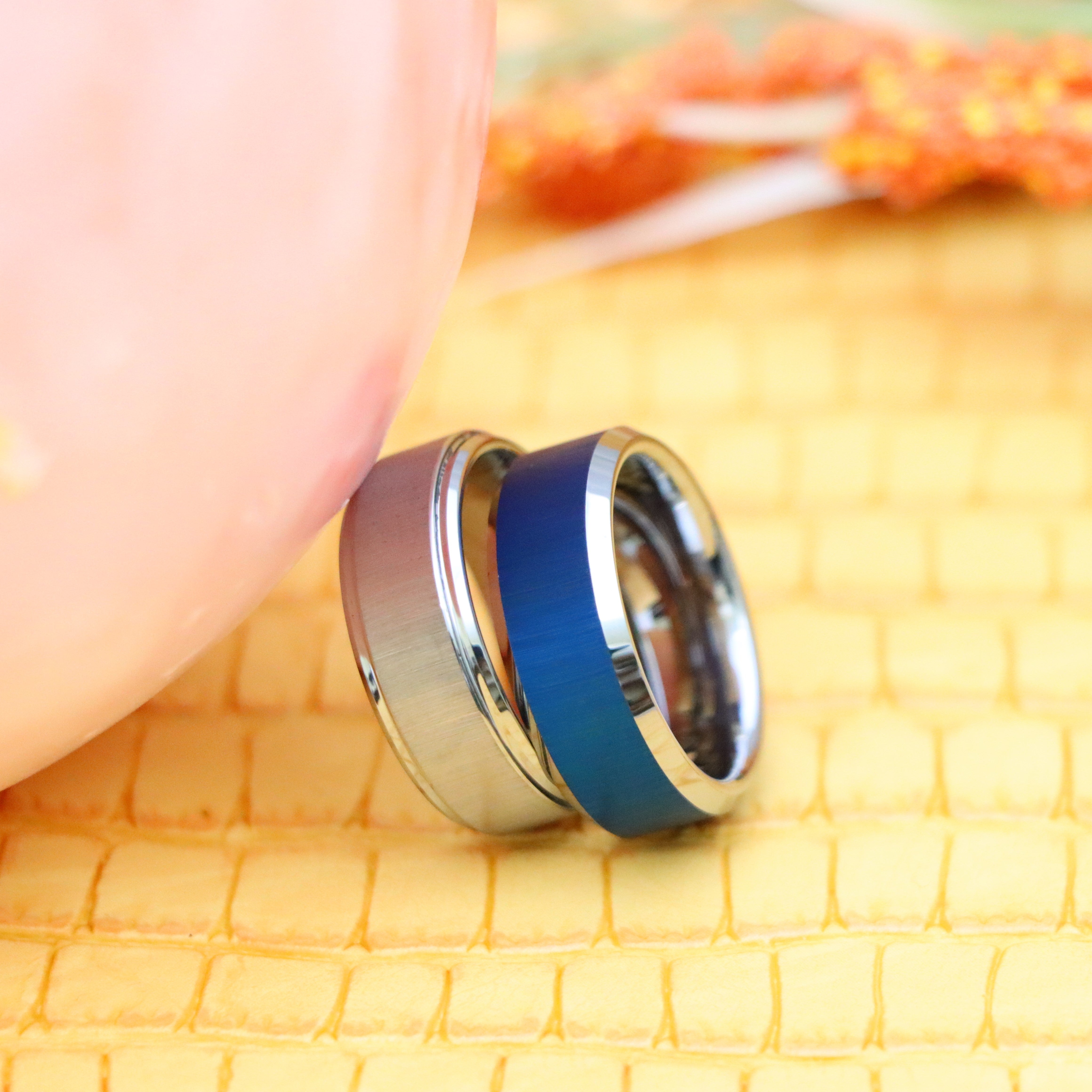 8mm Blue/White IP Reflective Finish Beveled Edge Tungsten Ring - Labhu USA