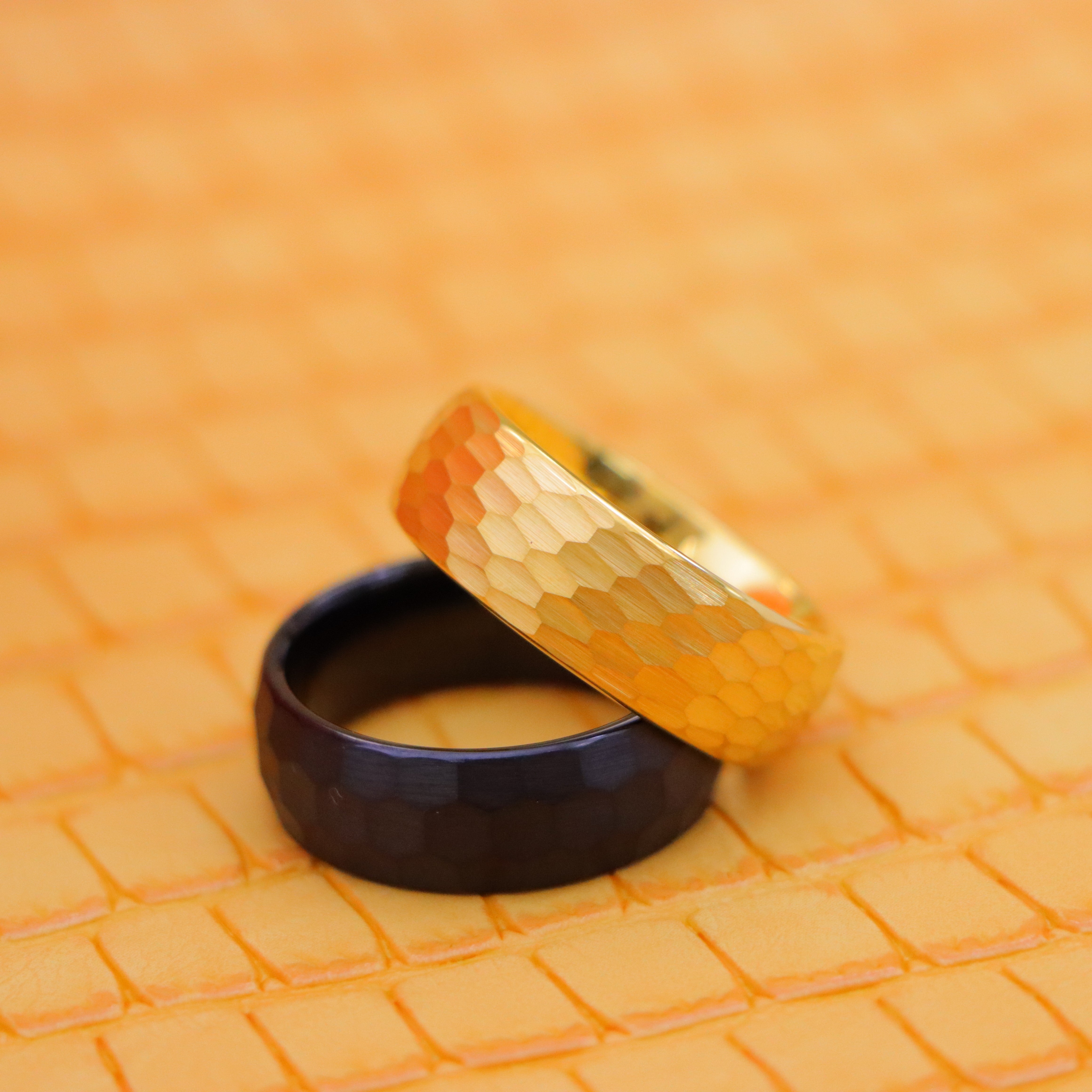 8mm Black Plated Brushed Chiseled Center tungsten ring and Yellow Gold IP Hammered Finish Tungsten Ring one on one spreaded view - gentlemen's choice