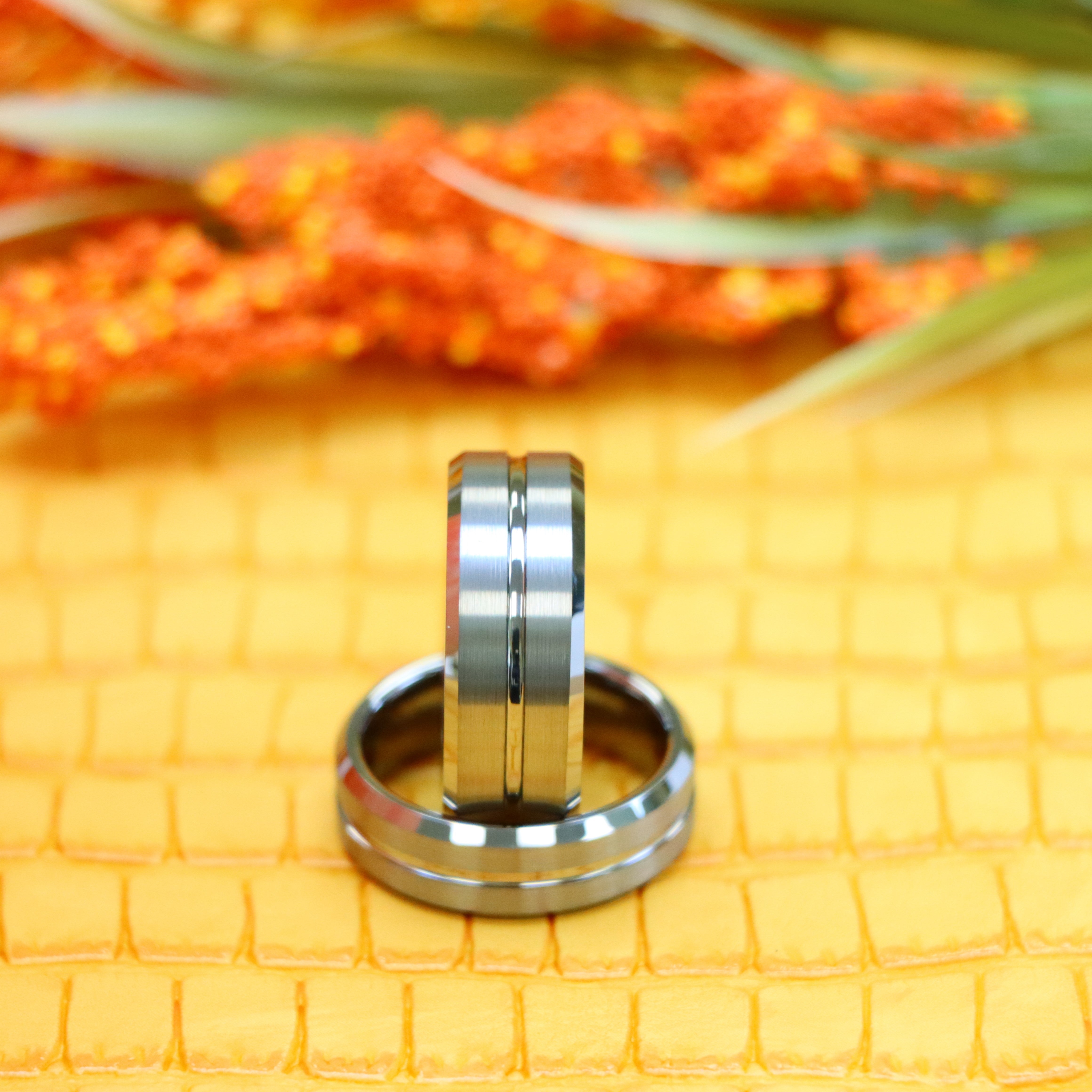 Shiny Grooved Center Brushed Sides Tungsten Ring - Labhu USA