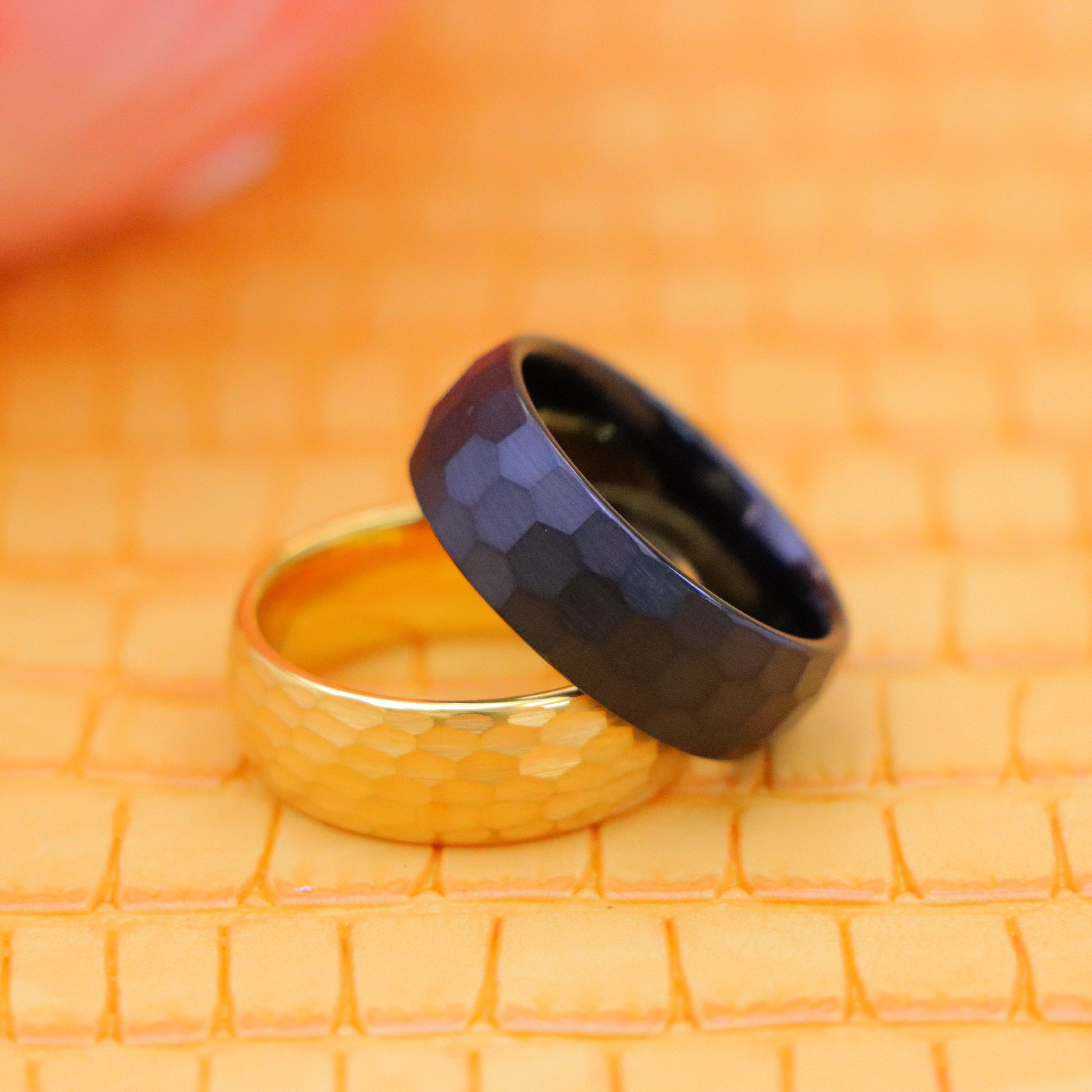 8mm Black Plated Brushed Chiseled Center tungsten ring and Yellow Gold IP Hammered Finish Tungsten Ring product view image - gentlemen's choice