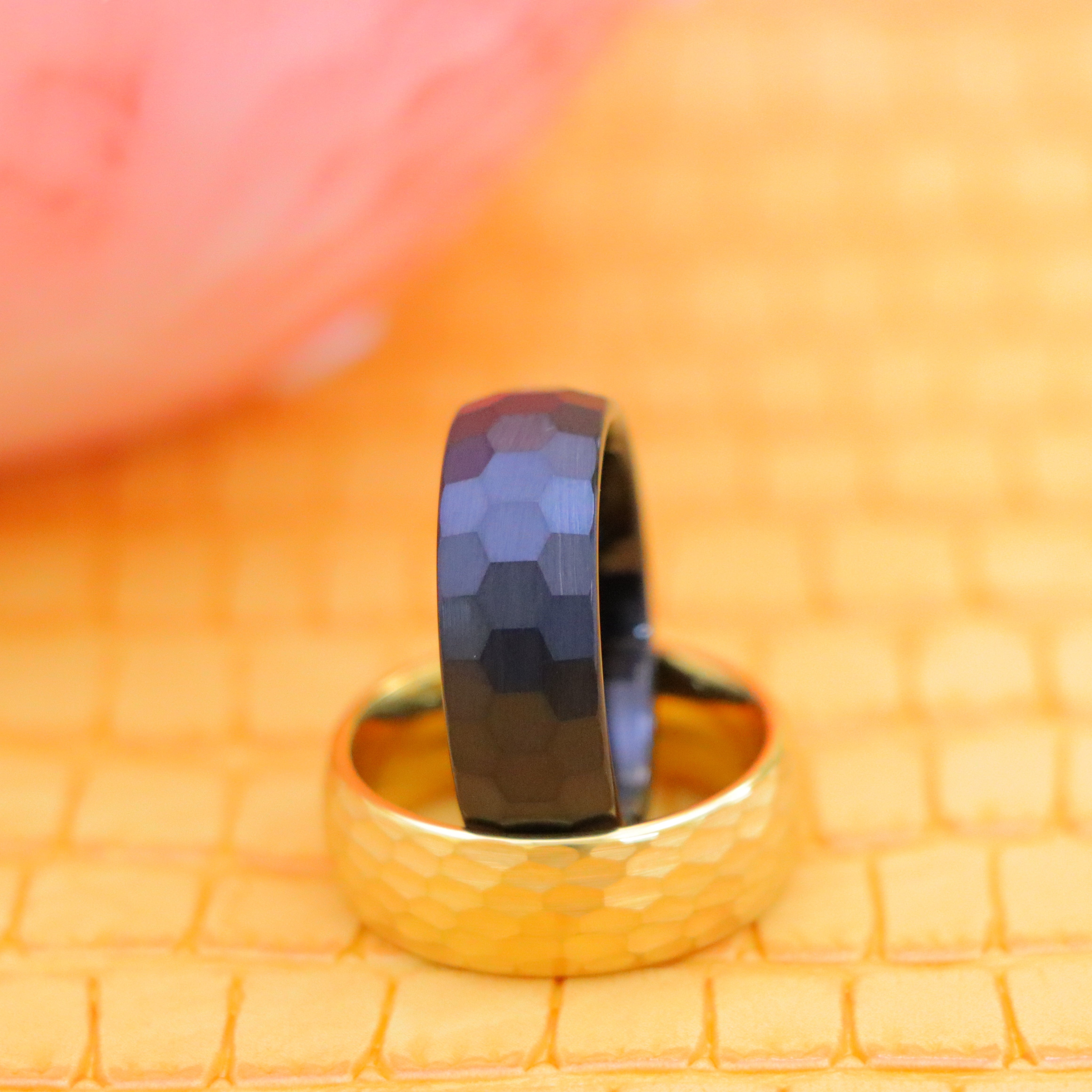 8mm Black Plated Brushed Chiseled Center tungsten ring on Yellow Gold IP Hammered Finish Tungsten Ring clear product view image - gentlemen's choice