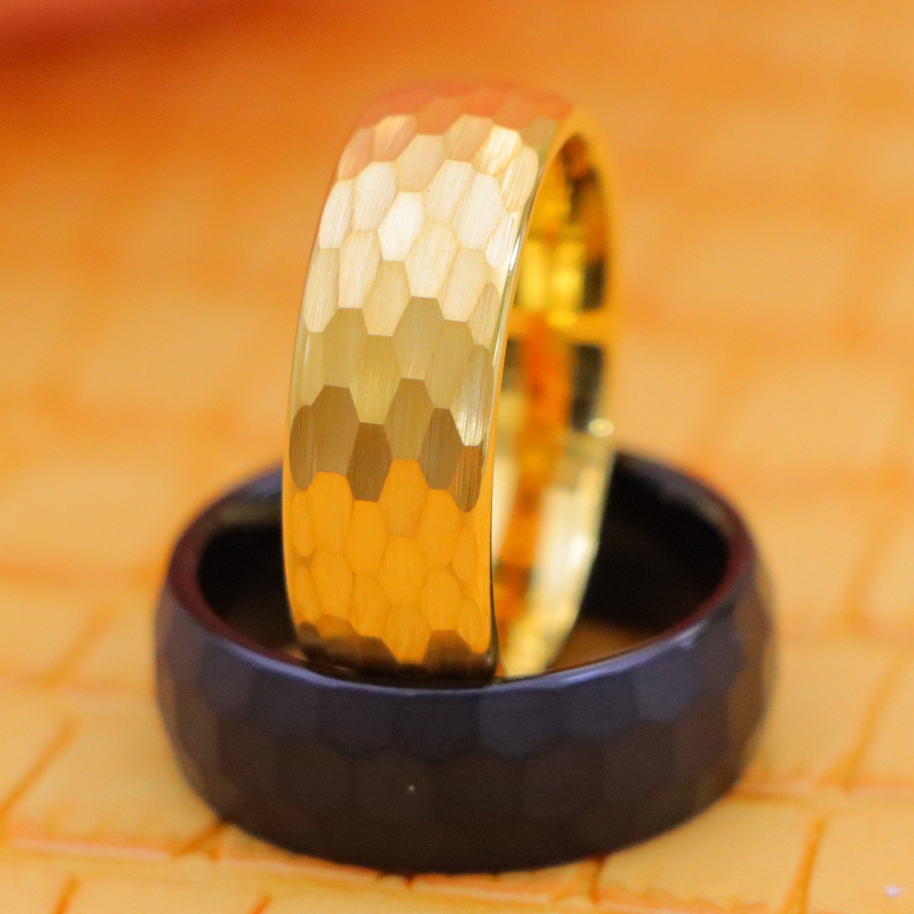 8mm Black Plated Brushed Chiseled Center tungsten ring and Yellow Gold IP Hammered Finish Tungsten Ring product view image - gentlemen's choice