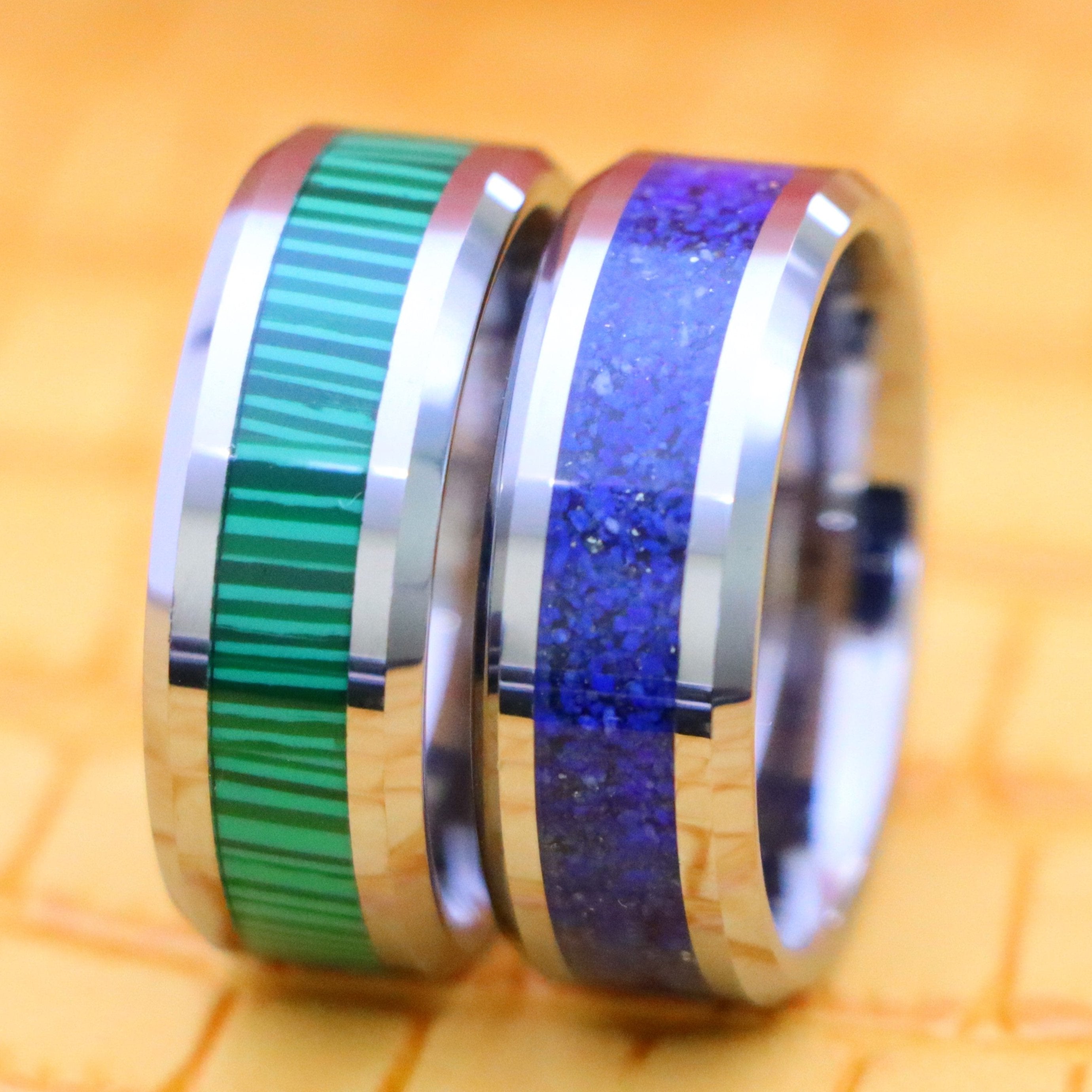 8mm Beveled Edge with Lapis Lazuli good luck tungsten ring and 8mm Beveled Edge with Malachite Strips essence of joy Tungsten Ring - zoom in front view