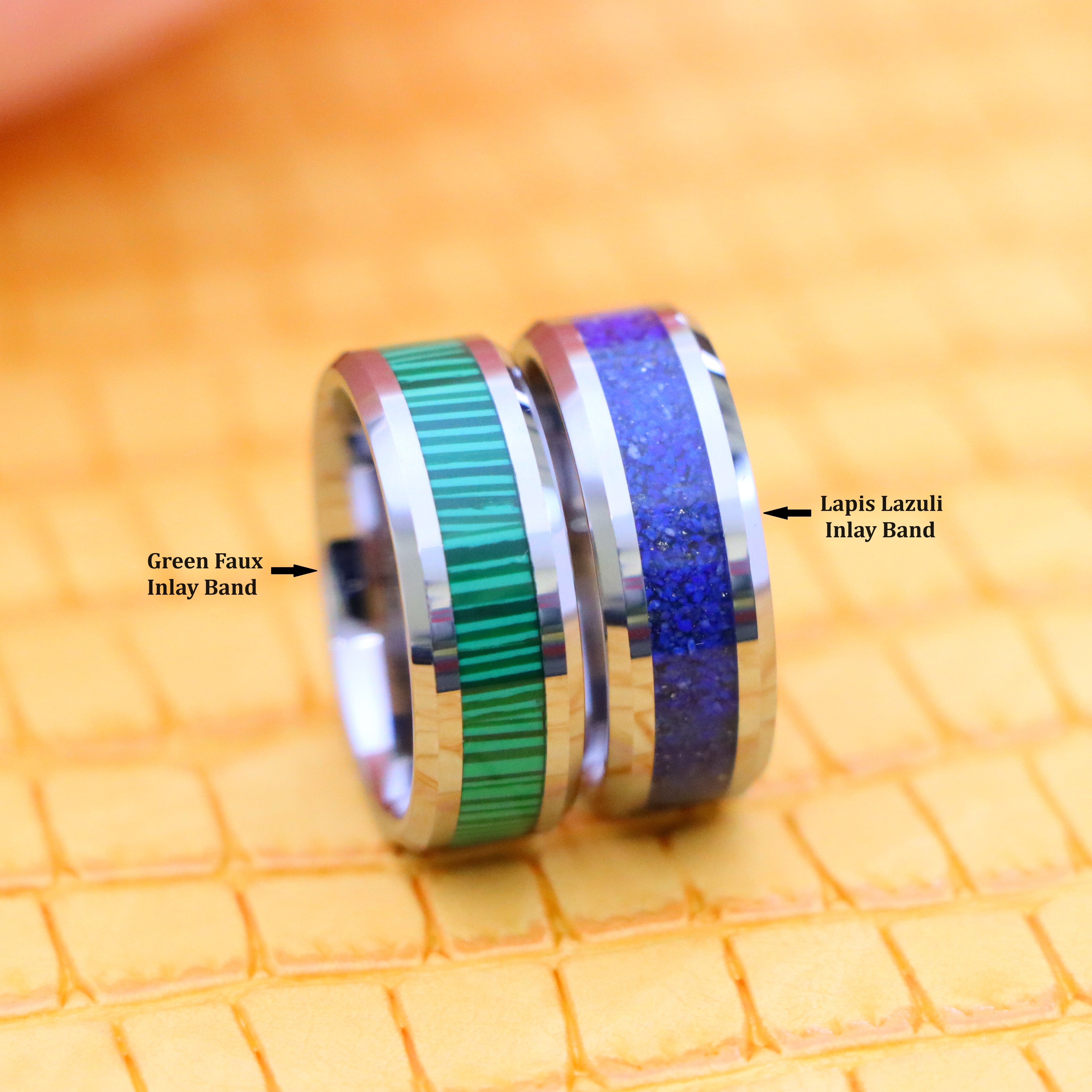 8mm Beveled Edge with Lapis Lazuli good luck tungsten ring and 8mm Beveled Edge with Malachite Strips essence of joy Tungsten Ring - front view with tags