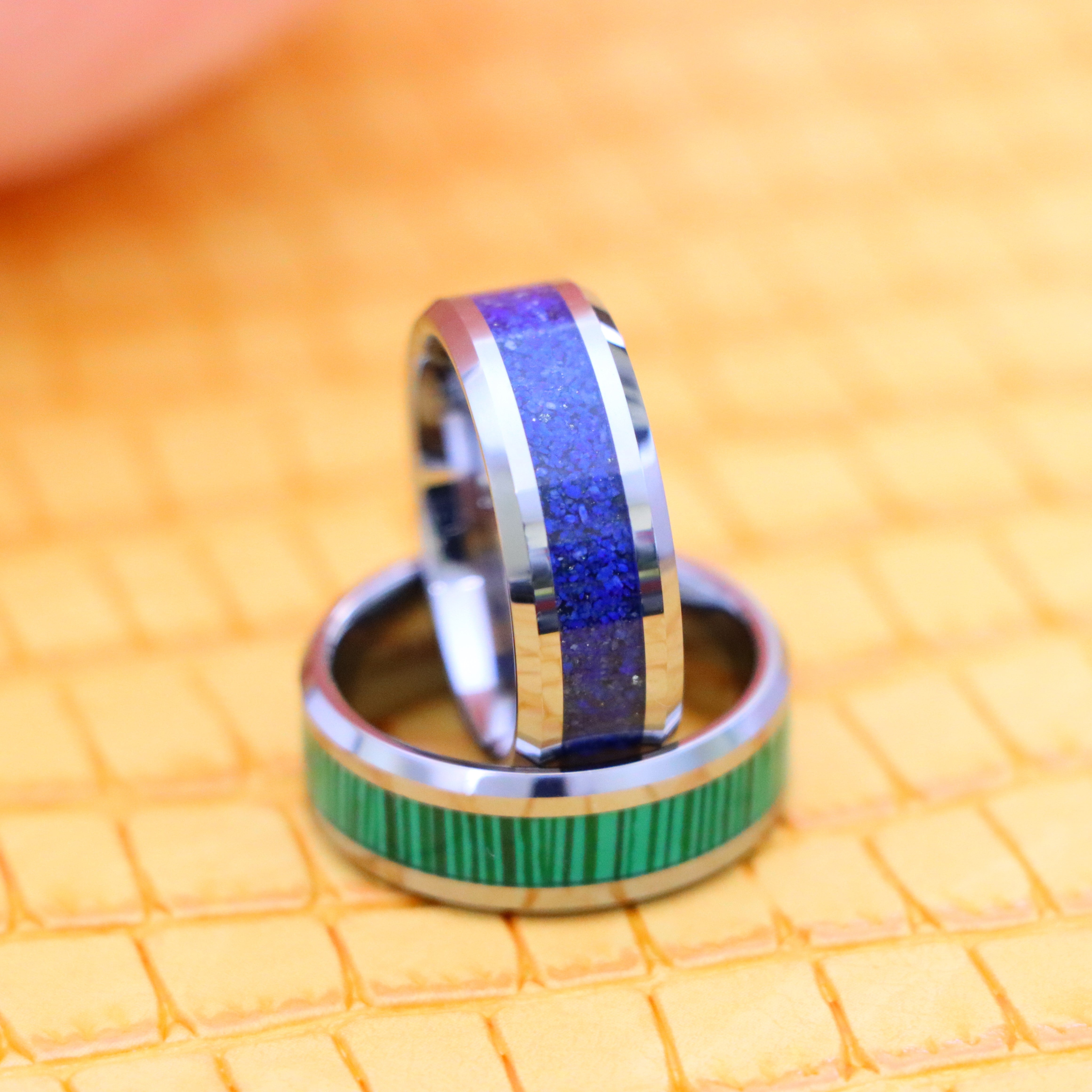 8mm Beveled Edge with Lapis Lazuli good luck tungsten ring inside 8mm Beveled Edge with Malachite Strips essence of joy Tungsten Ring - product image view