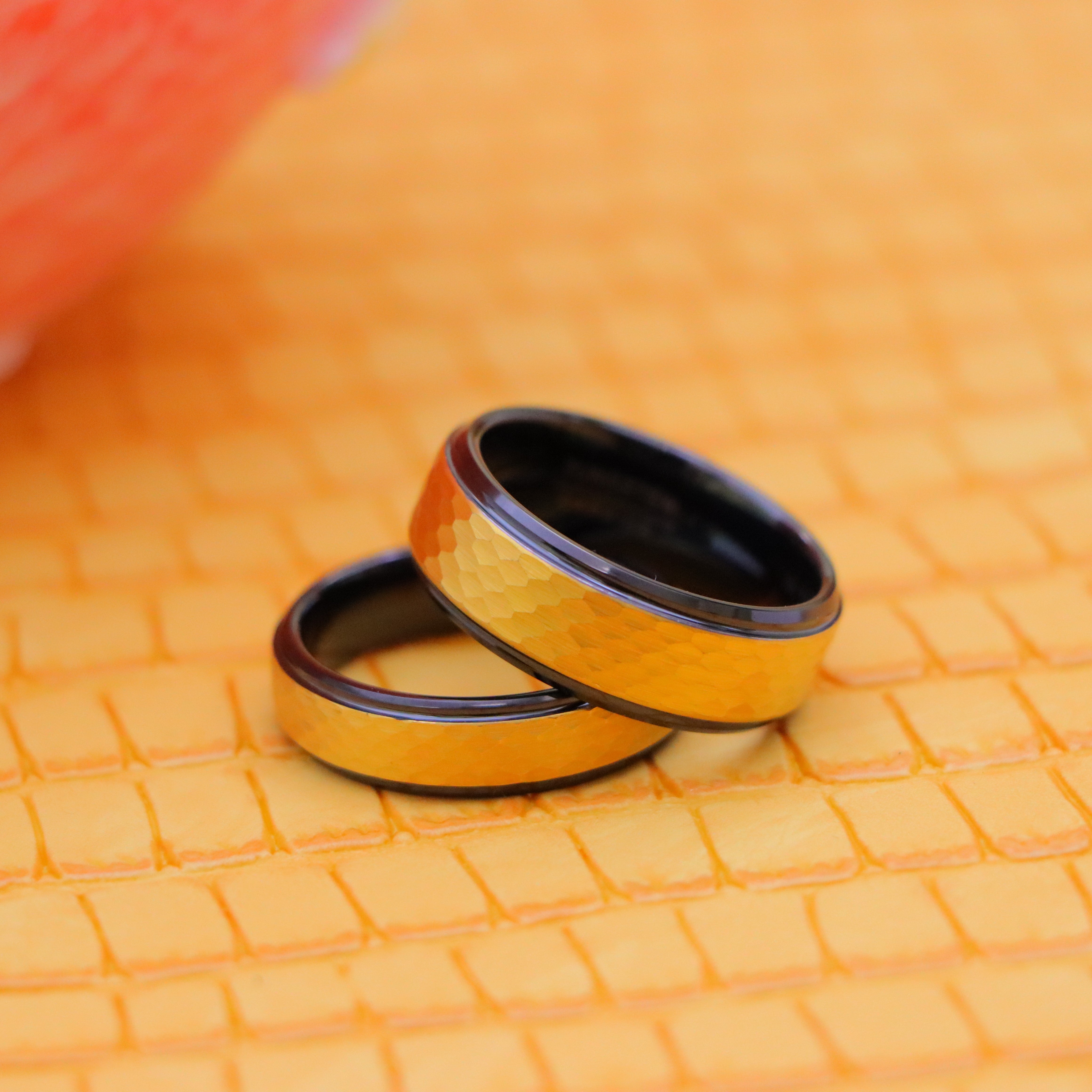 Yellow IP Hammered Center with Black IP Stepped Edge Tungsten Ring - Labhu USA