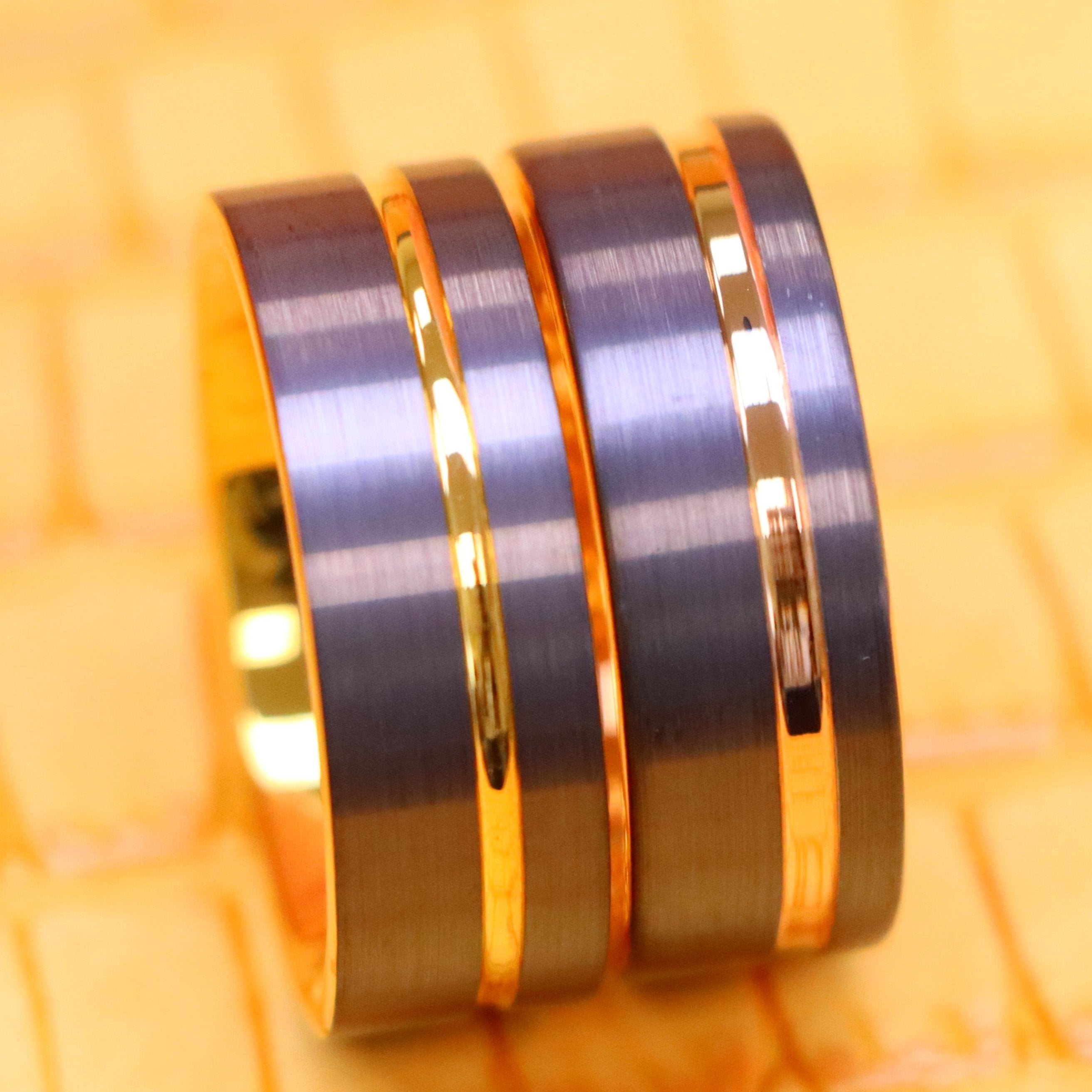 8mm Gun Metal IP Plated with Off-Center Yellow Gold Plated/Rose Gold Plated Groove Tungsten Ring - Labhu USA