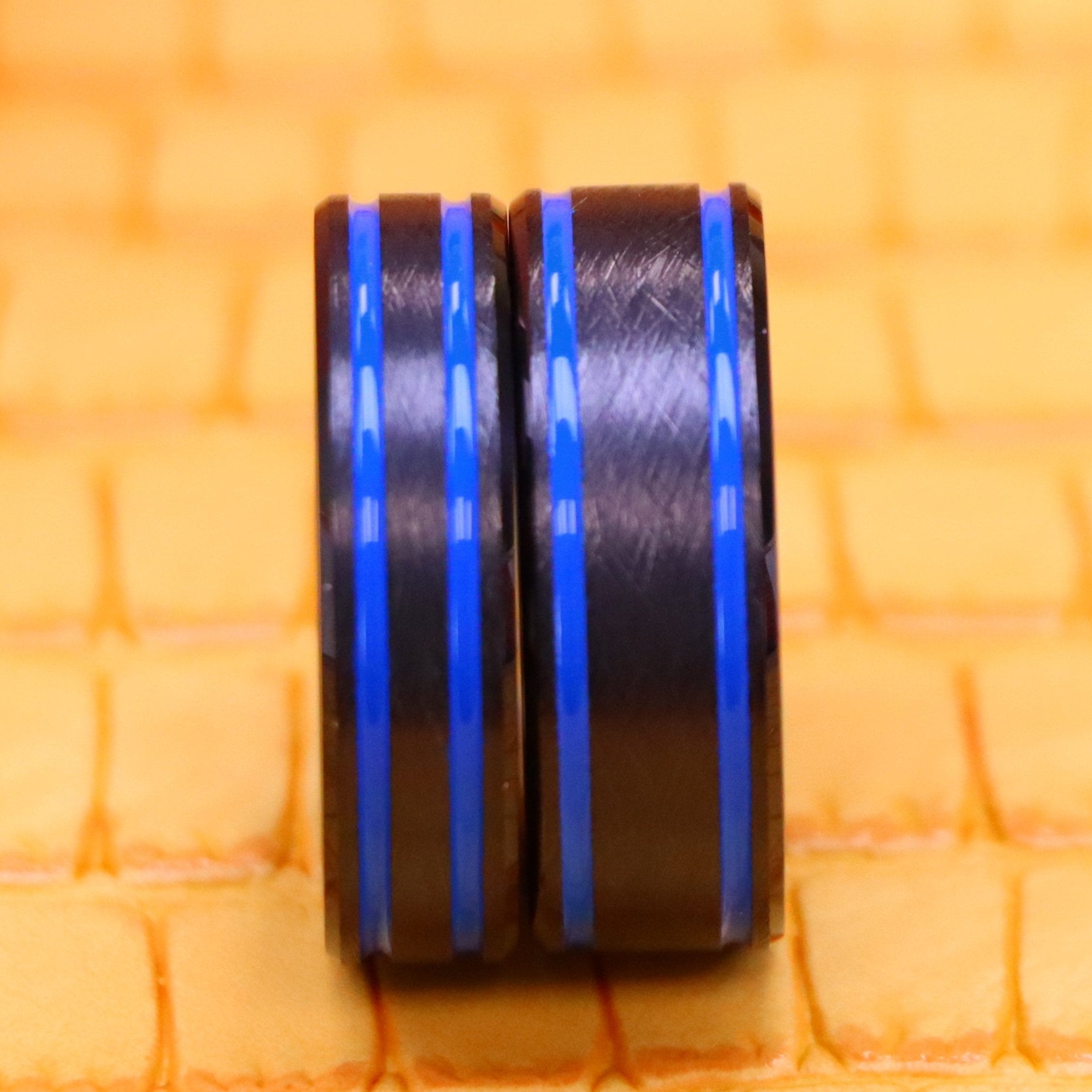 Black IP Beveled Edge, Blue IP Off Center Grooves Tungsten Ring - Labhu USA