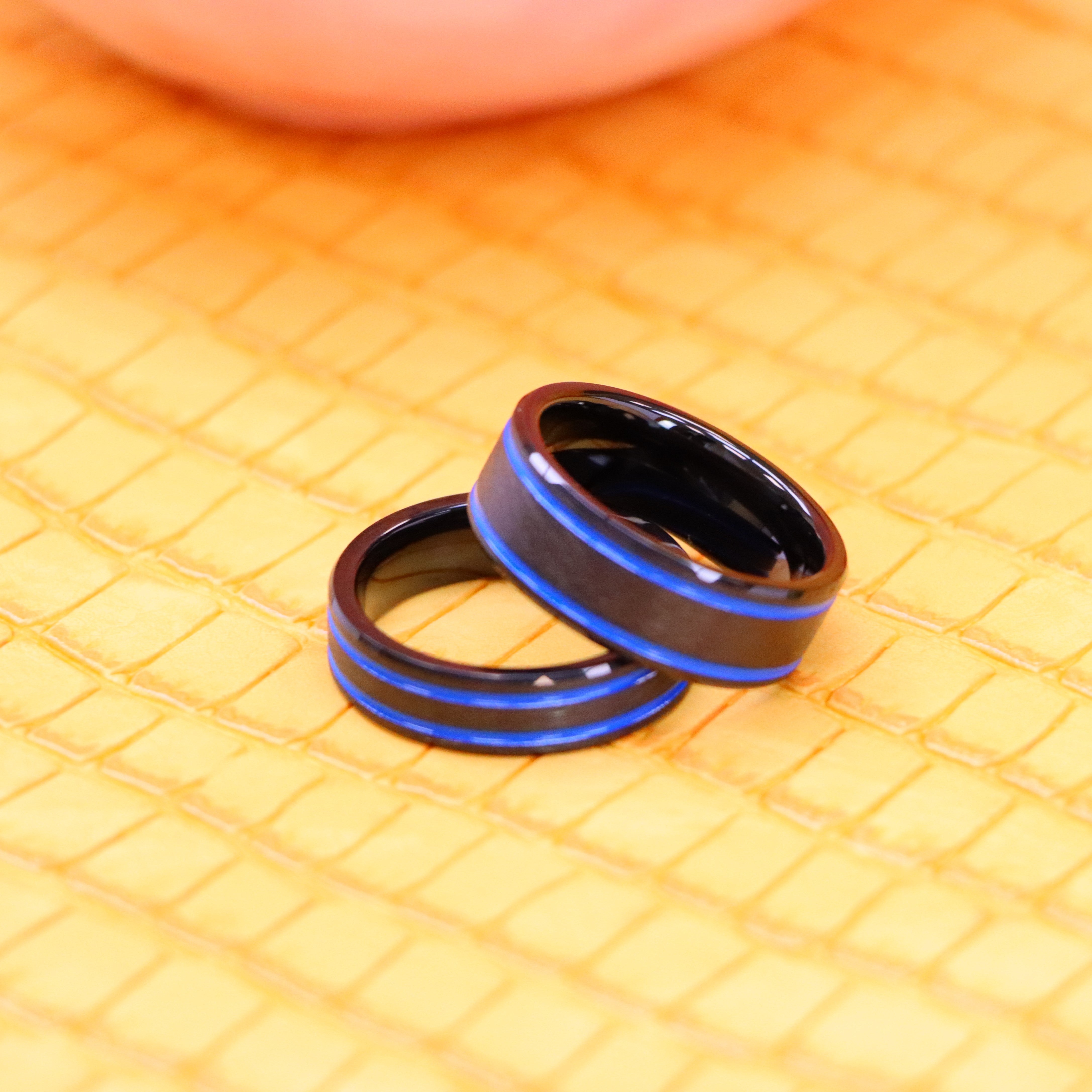 Black IP Beveled Edge, Blue IP Off Center Grooves Tungsten Ring - Labhu USA