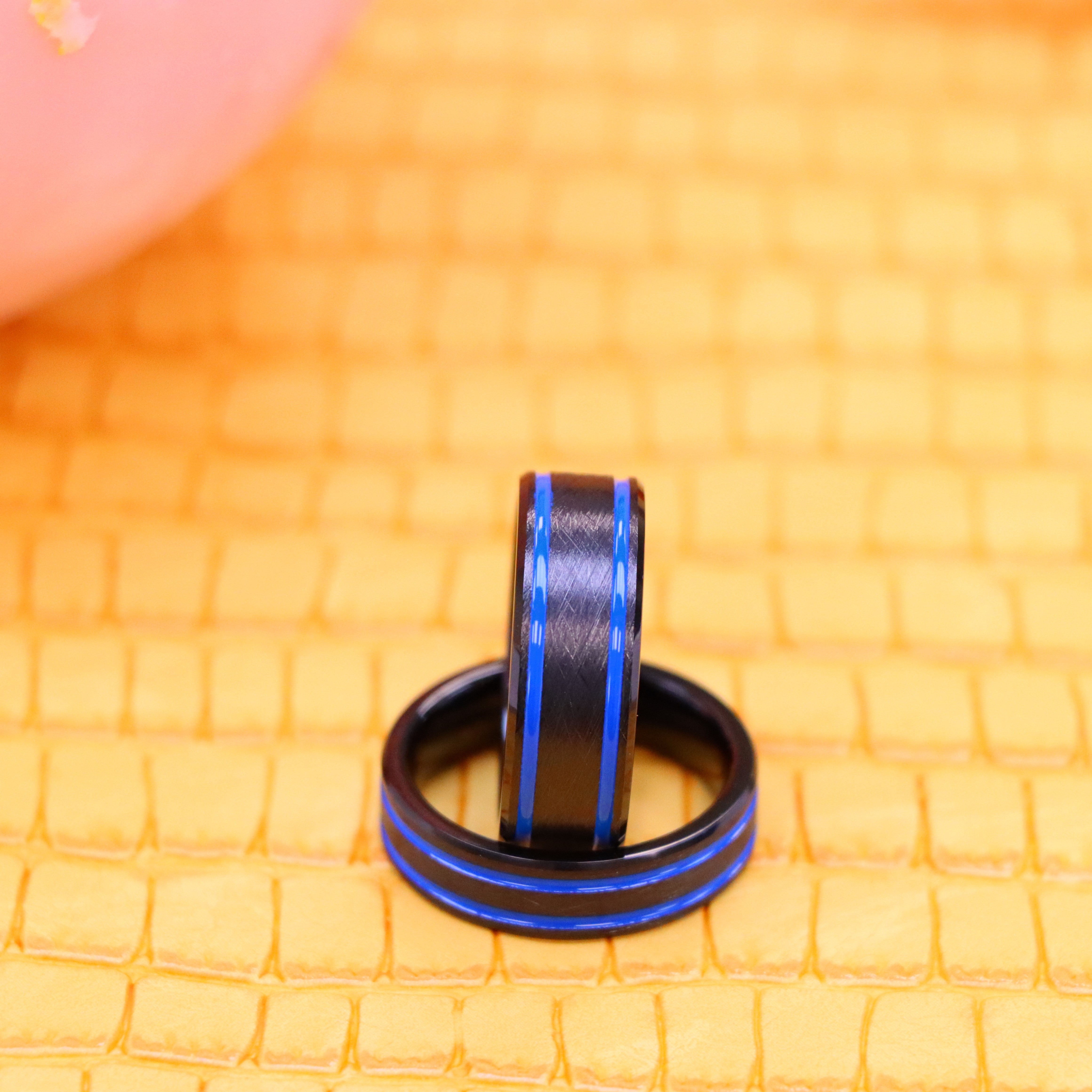 Black IP Beveled Edge, Blue IP Off Center Grooves Tungsten Ring - Labhu USA