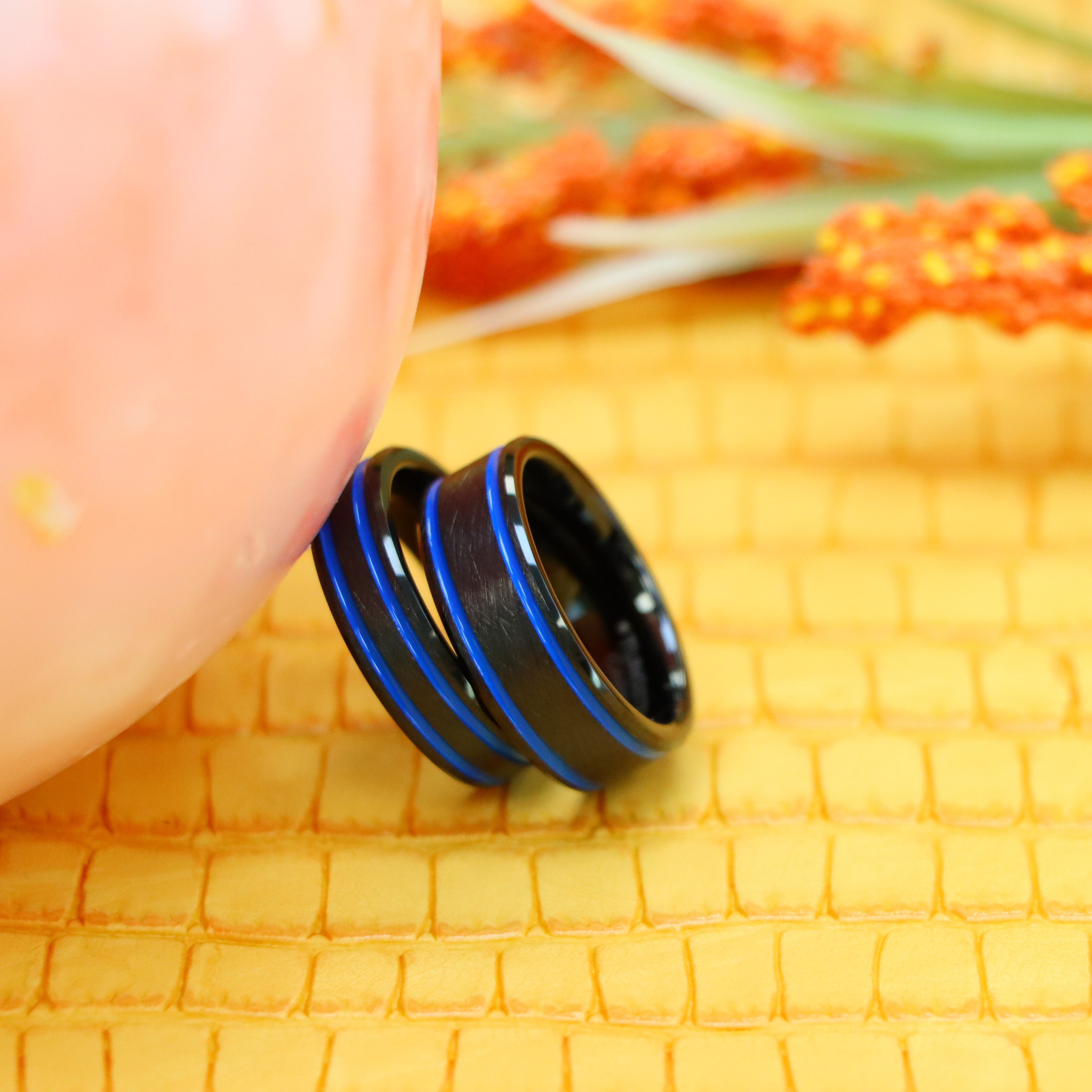 Black IP Beveled Edge, Blue IP Off Center Grooves Tungsten Ring - Labhu USA