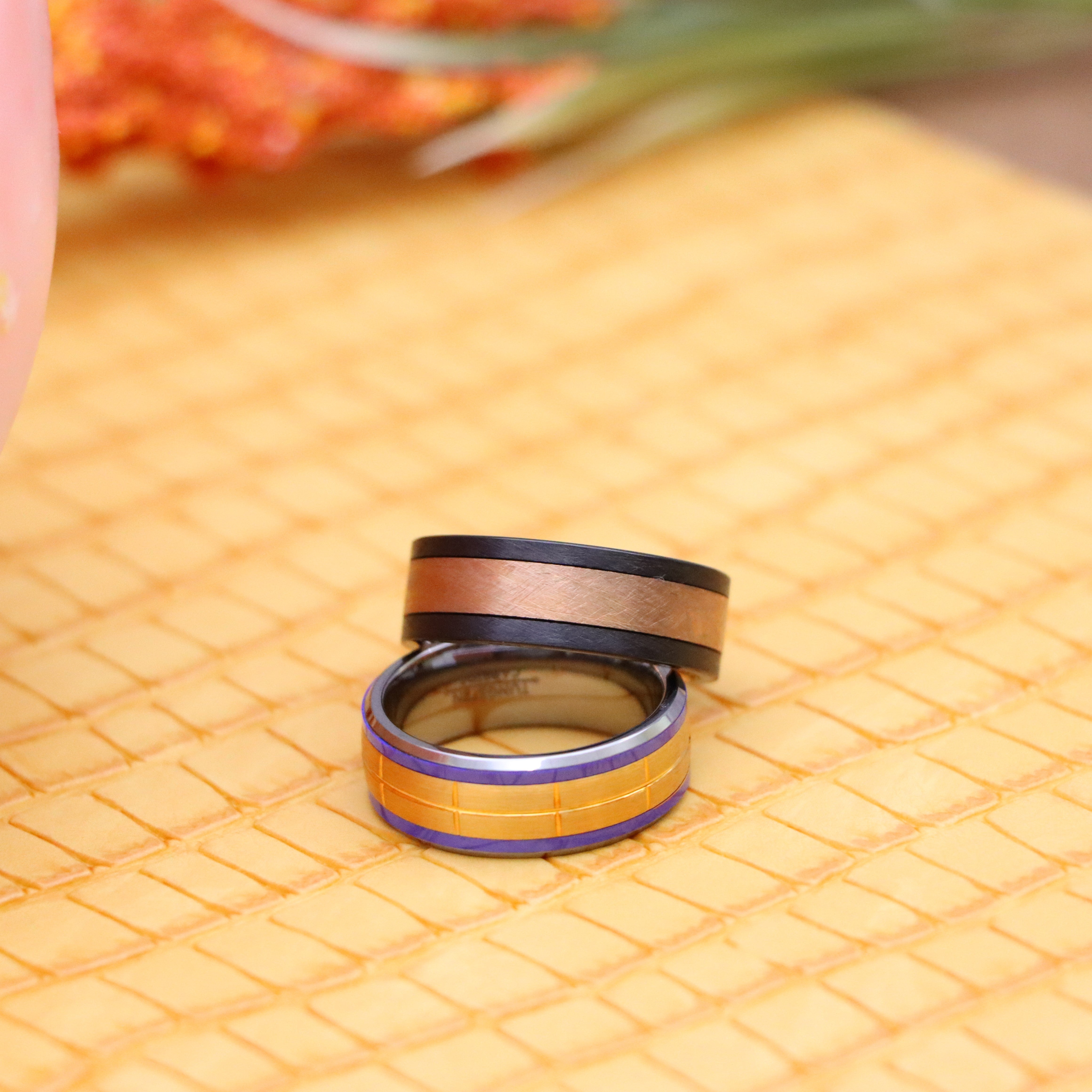 Rose Gold IP Plated Brushed Grooved Center Beveled Edge Tungsten Ring with Indigo Stripes, Forged Composite Carbon Fiber & Rose Gold Plated Center Band - Labhu USA