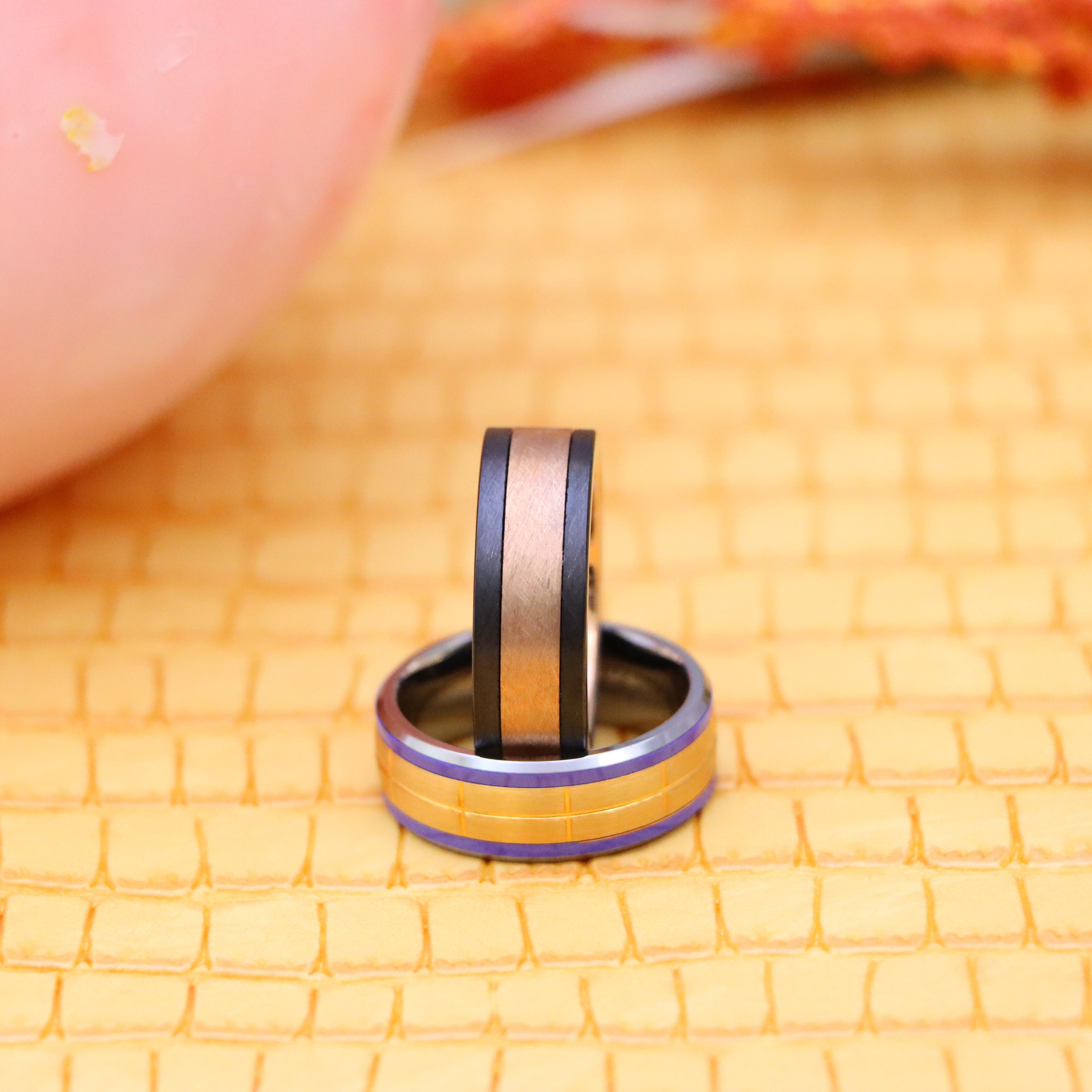 Rose Gold IP Plated Brushed Grooved Center Beveled Edge Tungsten Ring with Indigo Stripes, Forged Composite Carbon Fiber & Rose Gold Plated Center Band - Labhu USA