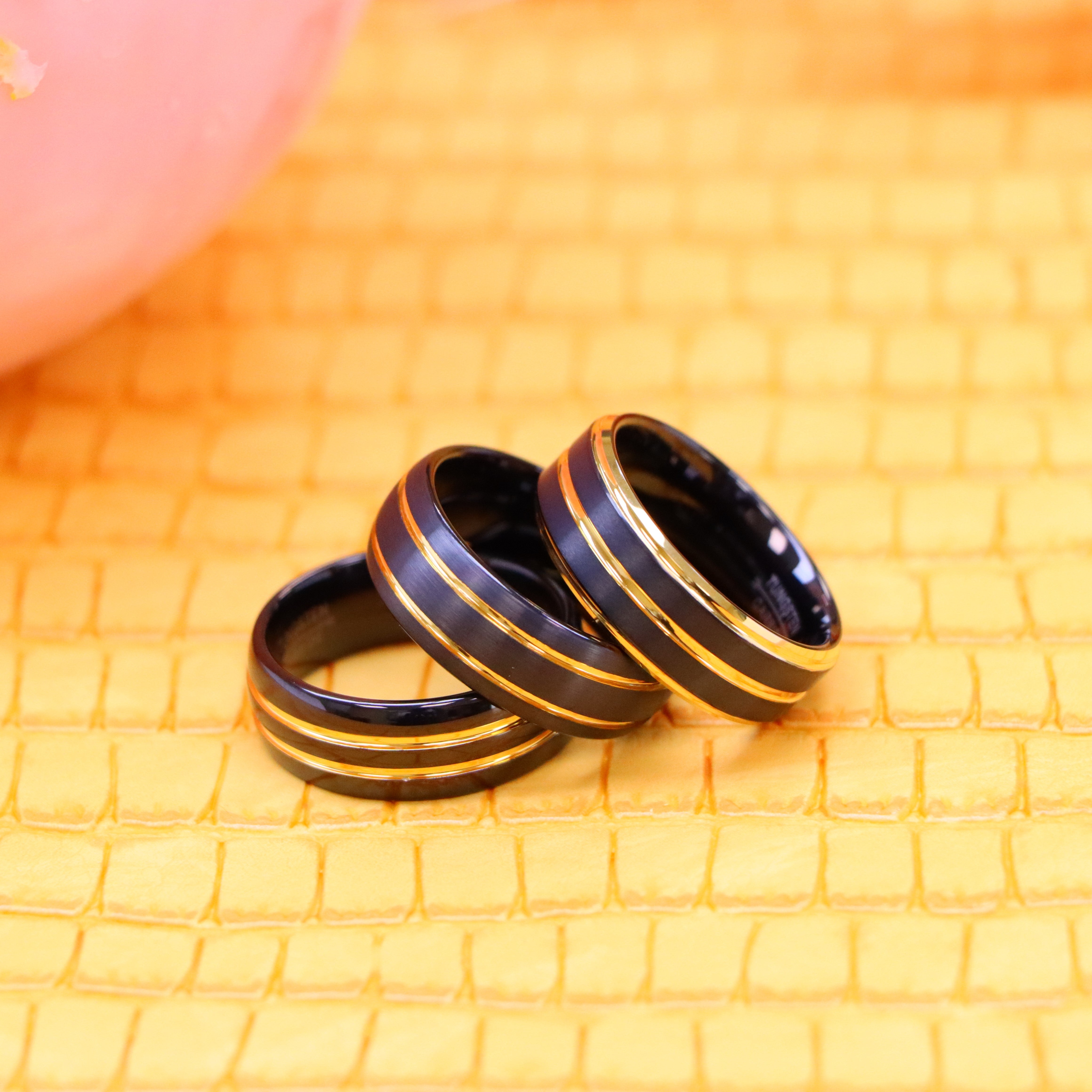 8mm Pinstripe Black & Yellow IP Plated Beveled Edge Tungsten Ring - Labhu USA
