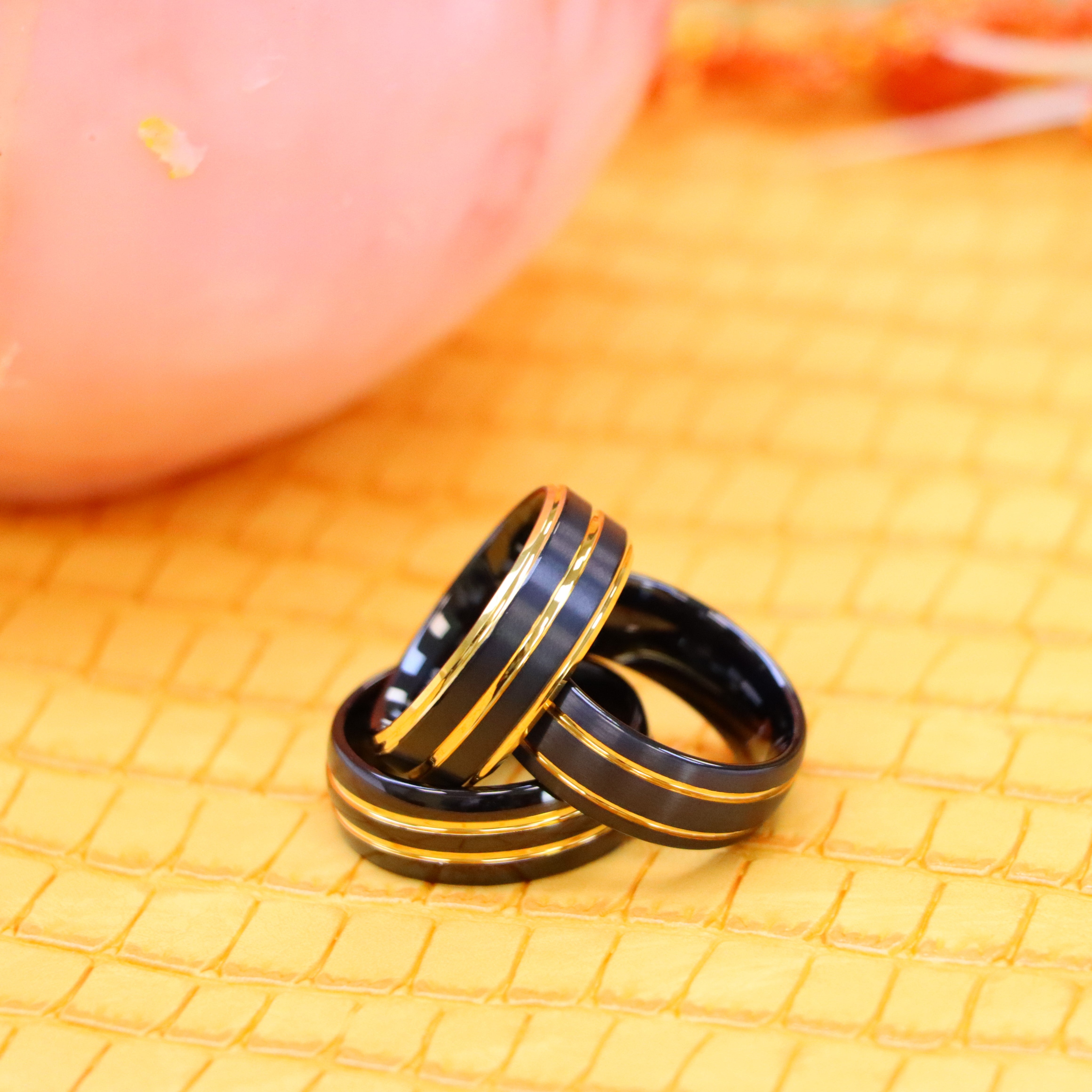8mm Pinstripe Black & Yellow IP Plated Beveled Edge Tungsten Ring - Labhu USA