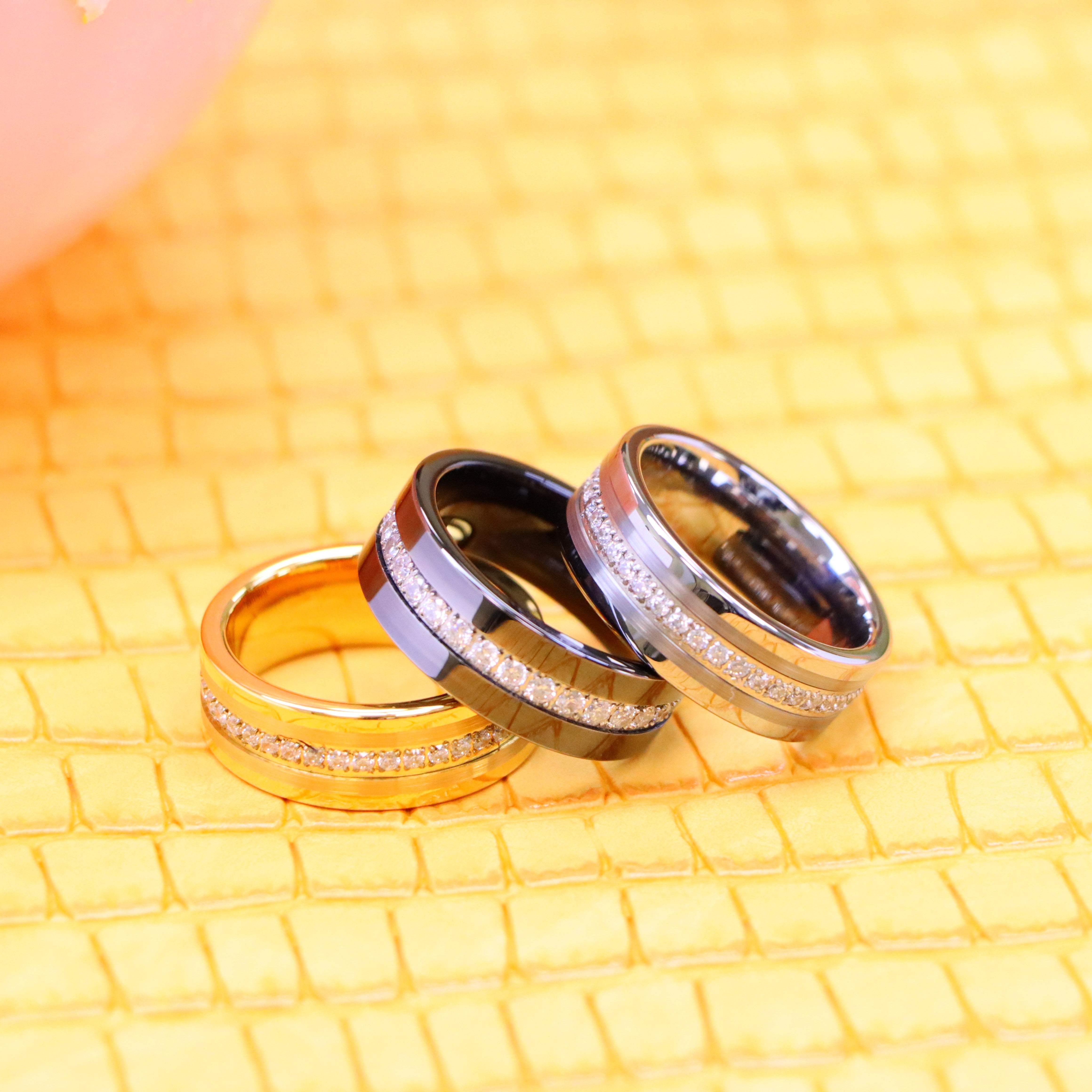 8mm Yellow IP/Silver/Black IP Plated Pipe-Cut Brushed Center Prong-Set Round-Cut Cubic Zirconia Eternity Tungsten Ring - Labhu USA