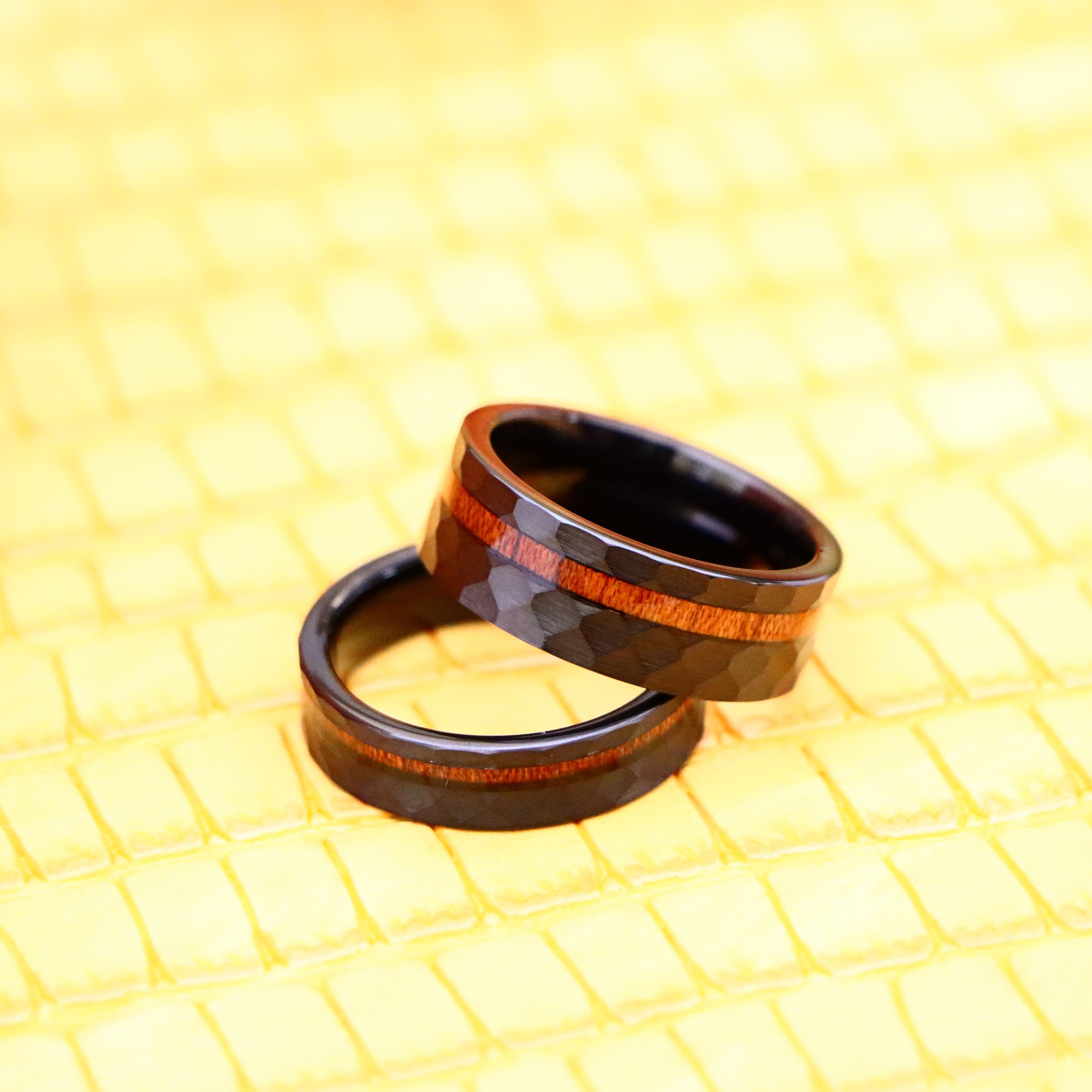 Black IP Plated Hammered Tungsten Ring with Hawaiian Koa Wood Inlay - Labhu USA
